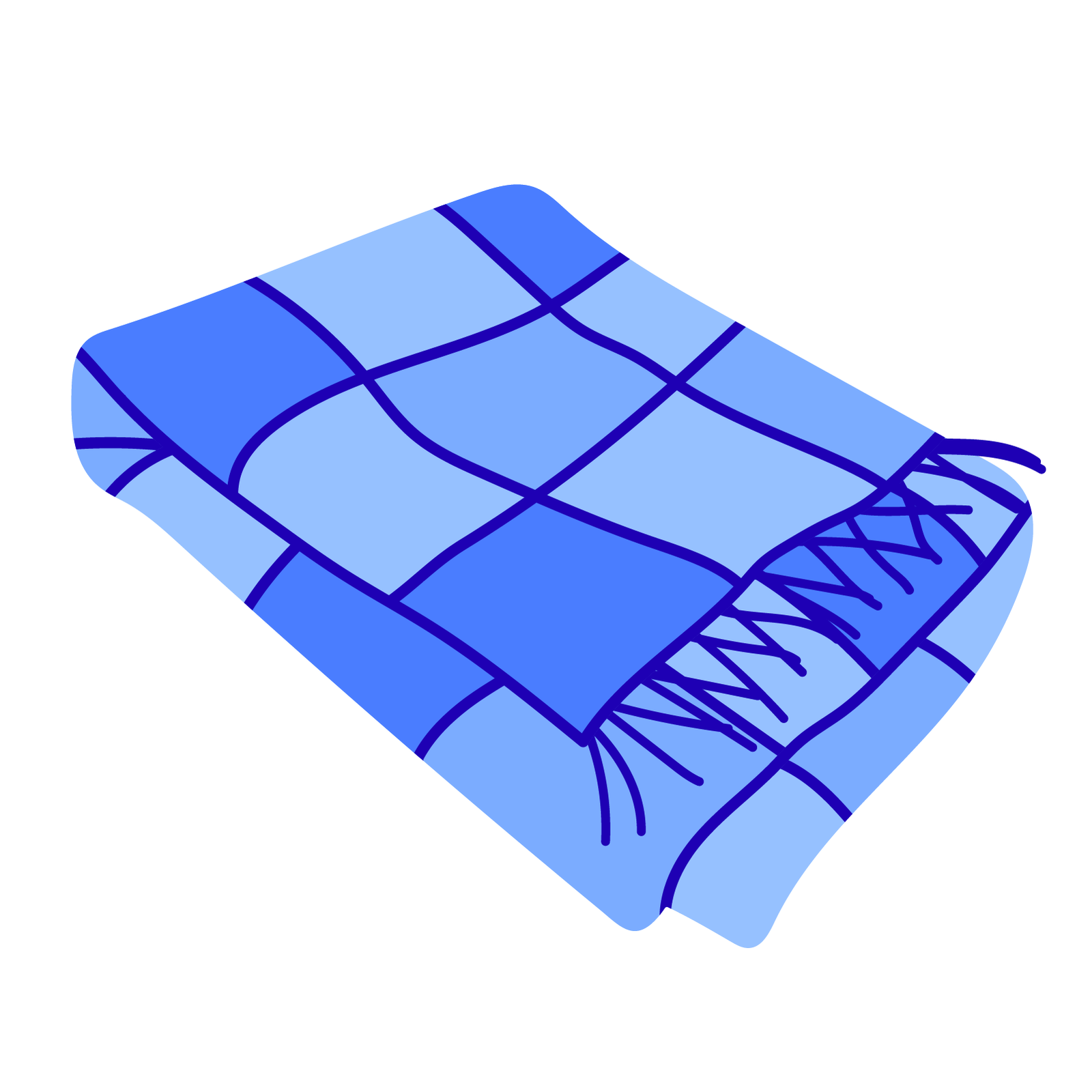 Ilustracja przedstawia niebieski koc w kratę. Koc jest złożony w kostkę a na brzegach posiada frędzle. 