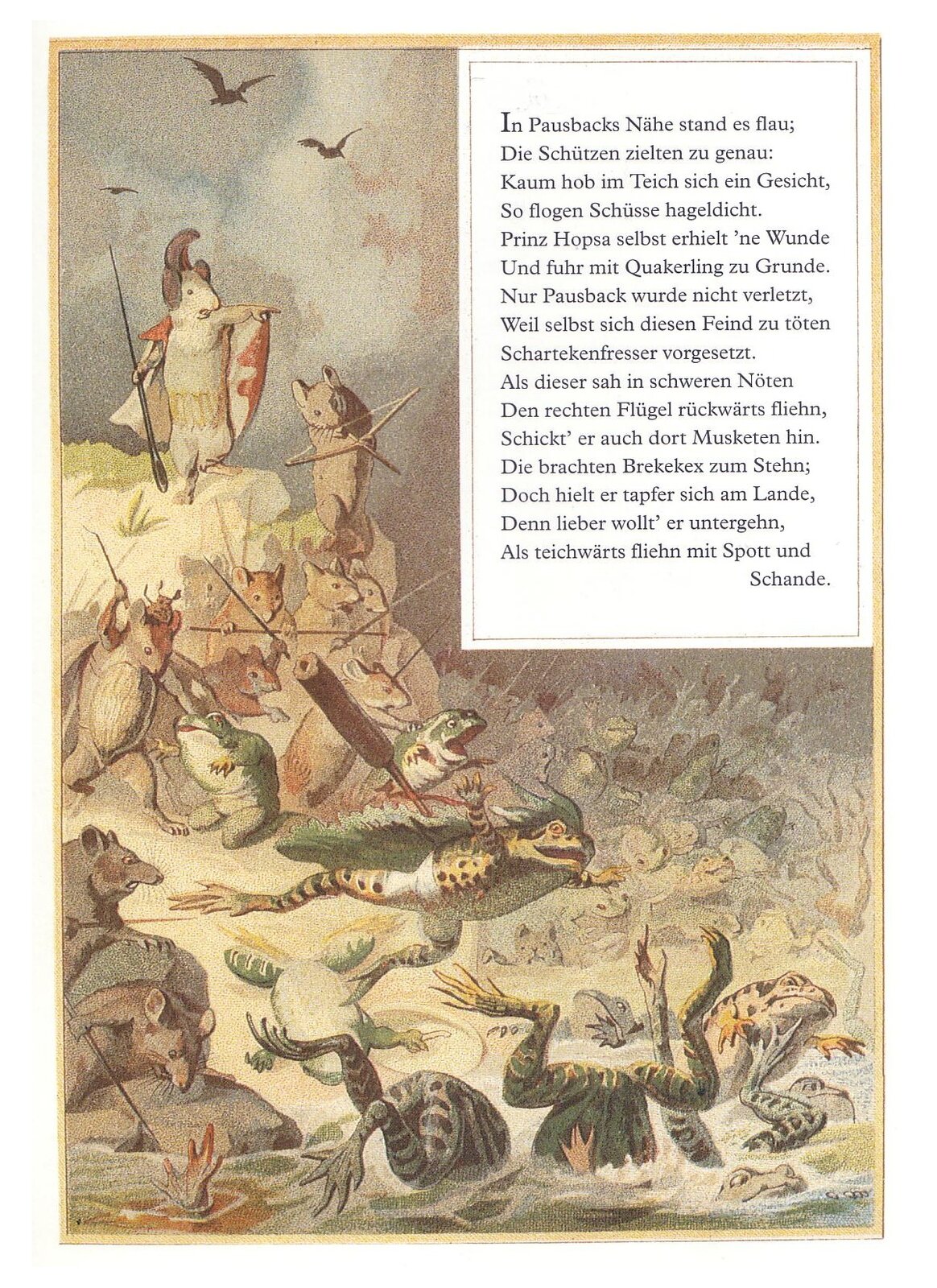 Ilustracja autorstwa Fedora Flinzer pod tytułem „Batrachomyomachia” przedstawia bitwę pomiędzy żabami a myszami. Po lewej stronie ilustracji znajdują się myszy uzbrojone w łuki oraz miecze przypominające igły, jakie służą do szycia. Myszy atakują ze skarpy, na której stoi ich wódz z wyciągniętą łapą; w centralnej części obrazu znajduje się żaba z wbitym w plecy narzędziem przypominającym śrubokręt. Z wody wystają nogi, łapy oraz pyski żab. Kilka myszy siedzi na brzegu i celuje ostrymi narzędziami w wyłaniające się żaby. Po prawej stronie w dolnej części ilustracji znajdują się żaby uciekające do wody. W prawym górnym rogu znajduje się tekst w języku niemieckim. Nad walczącymi, po zachmurzonym niebie lecą ptaki.