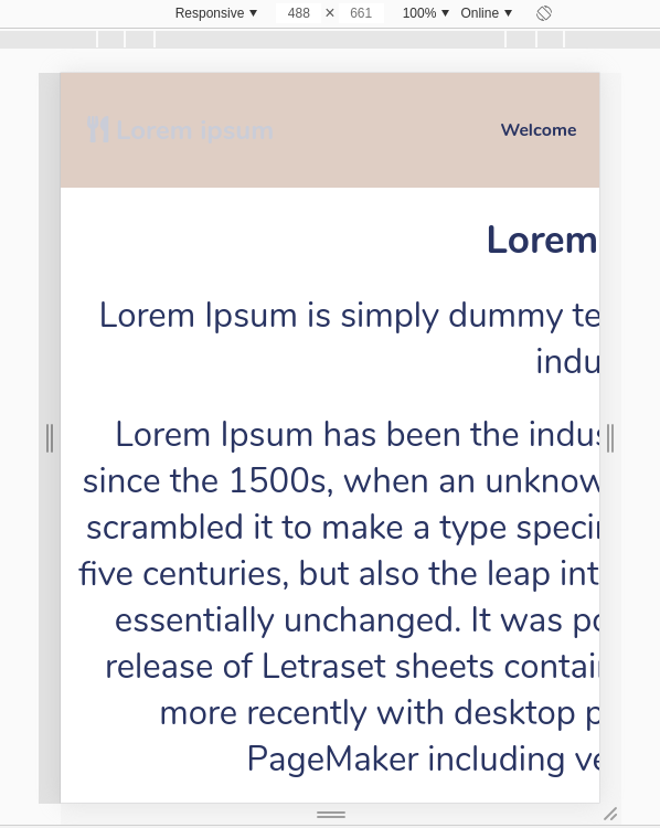 Zrzut ekranu przedstawia wygląd strony na urządzeniu mobilnym, który jest bardzo kilkukrotnie powiększony i przedstawia część tekstu zatytułowanego Lorem ipsum. 