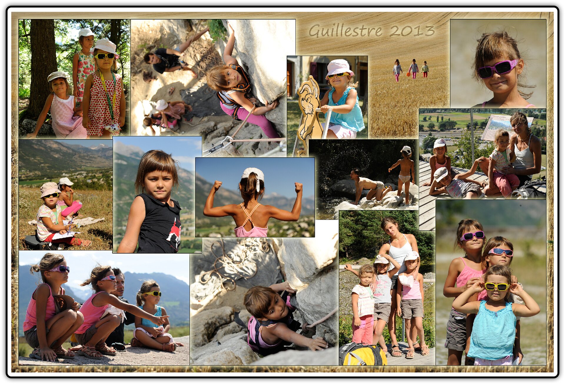 Fotografia przedstawia kolaż wykonany z rodzinnych zdjęć. W górnej części kolażu znajduje się nazwa miejscowości we Francji Guillstre oraz rok dwa tysiące trzynasty. Zdjęcia przedstawiają rodzinne wakacje. Na zdjęciach znajdują się trzy małe dziewczynki oraz ich rodzice. Zdjęcia przedstawiają czynności takie jak wspinaczka górska, jazda na drewnianym króliku oraz spacer po polu. Niektóre zdjęcia są pozowane.