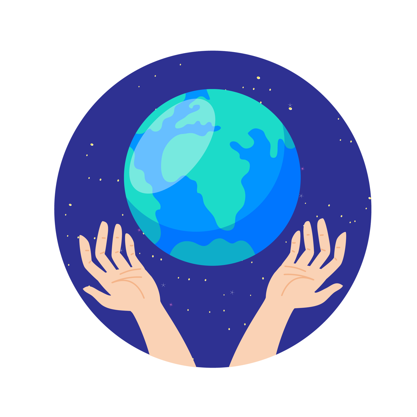 Ilustracja w kształcie koła przedstawia rozgwieżdżone, nocne niebo. Na środku znajduje się kula ziemska. Od dołu obejmują ją dwie wyciągnięte w jej stronę dłonie.