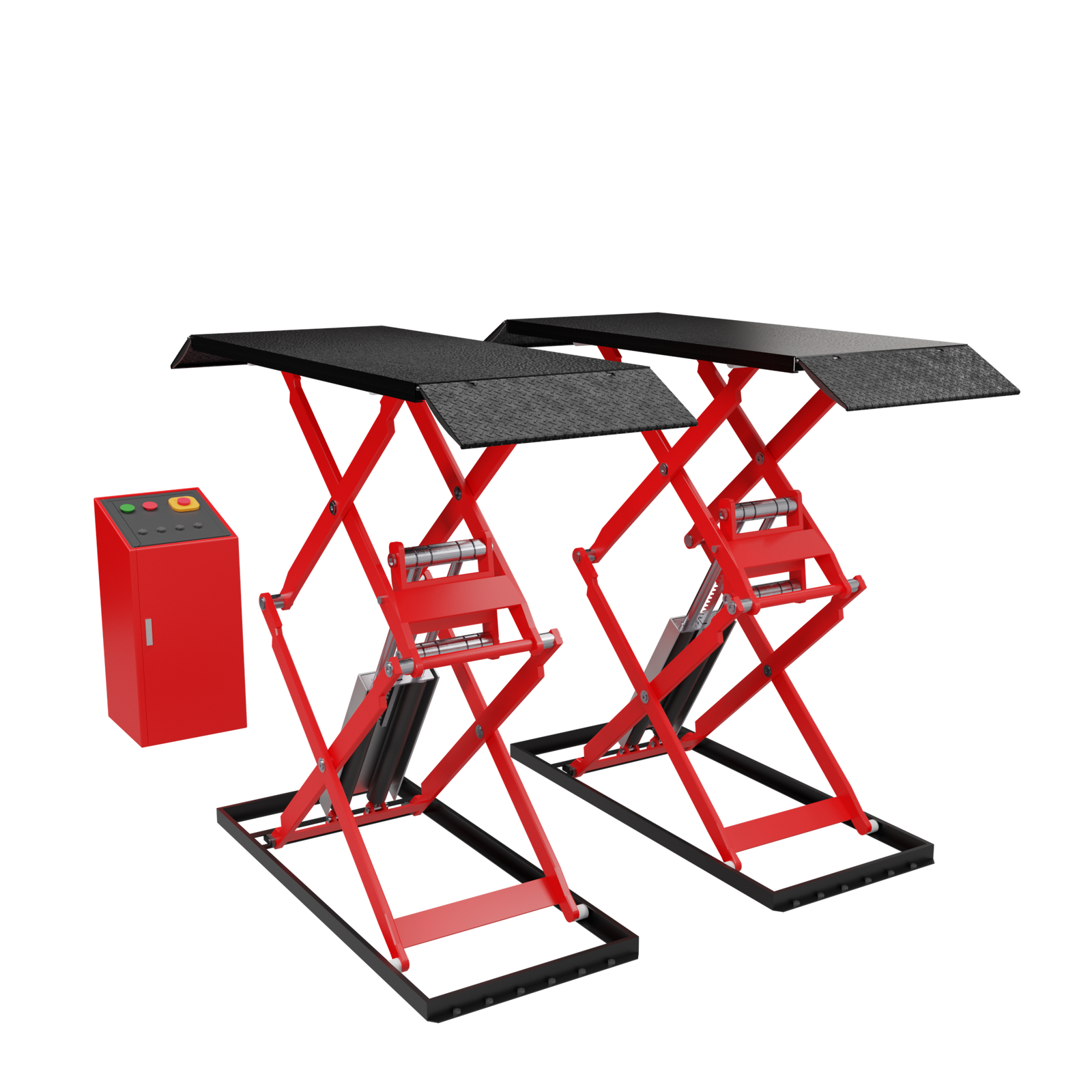 Na grafice przedstawiono podnośnik nożycowy. Jest to płaska część, podnoszona za pomocą nożycowych wysięgników. Obok stoi maszyna sterująca.