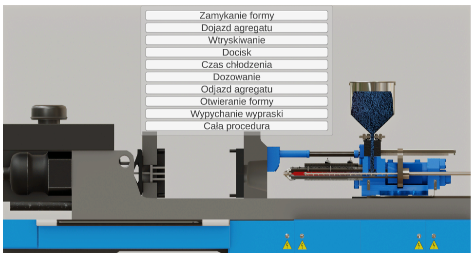 Grafika przedstawia model wtryskarki. Na środku planszy zostały umieszczone zakładki z nazwami etapów procesu wtryskania. W tle widoczna jest budowa maszyny.