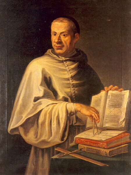 Obraz przedstawiający osiemnastowiecznego matematyka i mnicha Grandiego. Grandi opiera rękę na 3 matematycznych księgach, w drugiej ręce trzyma cyrkiel. Obok leżą linijka i pióro.