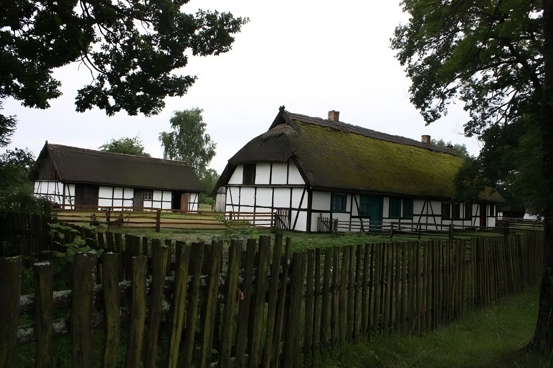 Kliknij, aby powiększyć. Zdjęcie. Na pierwszym planie drewniany płot, za nim ogrodzony teren zielony, a dalej dwie chaty z dachami dwuspadowymi pokrytymi trzciną (dach pierwszej chaty porośnięty mchem). Domy są jednopiętrowe.Ściany budynków są białe, wzmocnione drewnianą konstrukcją - widoczne poziome i pionowe oraz kilka ukośnych desek pomalowanych na brązowo. W tle drzewa.