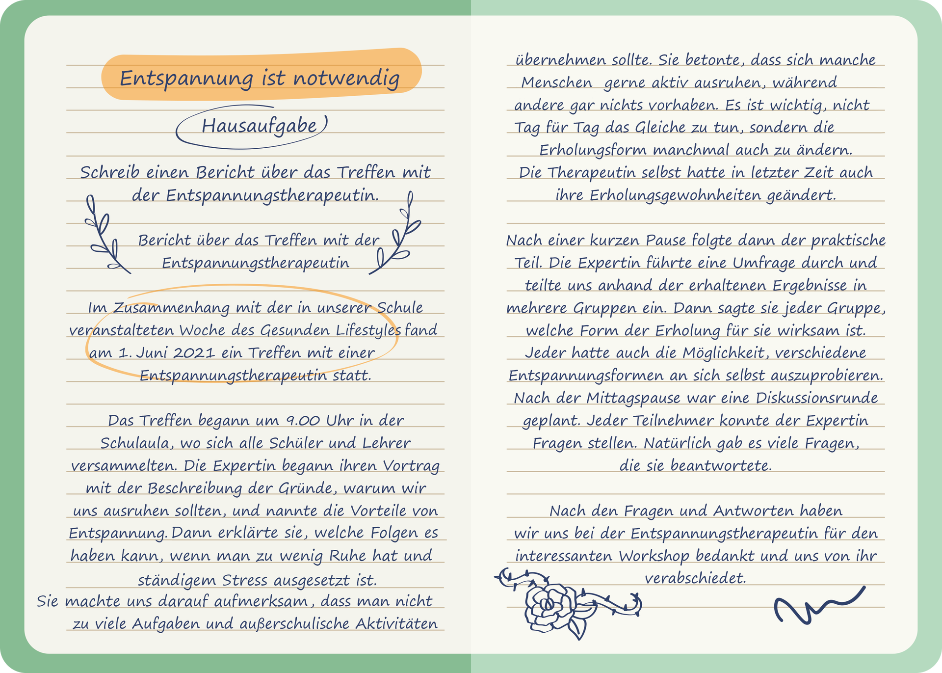 Ilustracja przedstawia dwie zapisane strony w zeszycie. W tekście widoczne są podkreślenia, wyróżnienia oraz rysunki. Treść dostępna w transkrypcji poniżej.