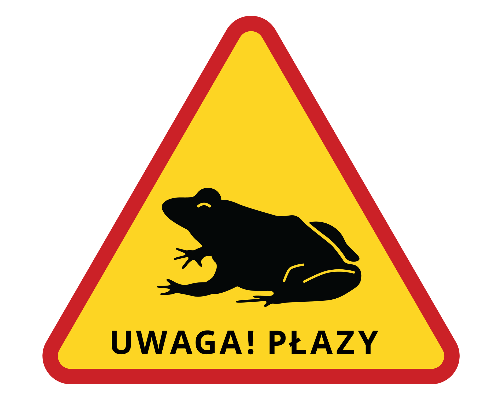 Ilustracja przedstawia trójkątny znak ostrzegawczy, żółty z czerwoną obwódką. Na znaku czarna sylwetka siedzącej żaby i napis: uwaga płazy! Takie znaki są ustawiane w miejscach wędrówek płazów.