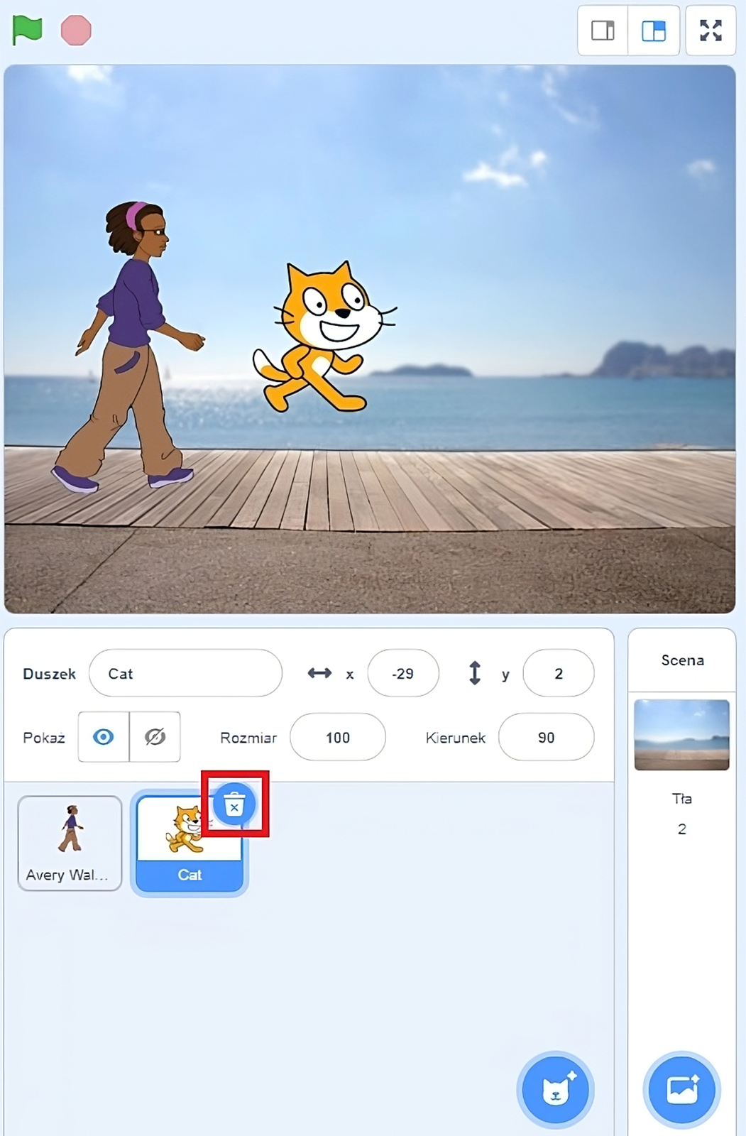 Na zdjęciu widać wizualizację dodatkowej sceny ze zmienionym tłem. W górnym oknie znajduje się duszek w formie animowanego kota, który idzie po drewnianej promenadzie. Za nim idzie dziewczynka słuchająca muzyki. Dziewczyna ma ciemną karnację. Dziewczyna ubrana jest w fioletową bluzę i beżowe spodnie. Promenada jest obok zbiornika wodnego. W tle zdjęcia znajduje się niebo oraz słońce.W drugim oknie znajdują się pola z nazwami zmiennych i przypisanymi wartościami. Przykładowo. Zmienna: duszek, wartość: Cat. Zmienna X: wartość minus dwadzieścia dziewięć, zmienna y: wartość dwa, zmienna pokaż: obok przyciski z symbolem oka oraz przekreślonego oka, zmienna rozmiar: sto, kierunek: dziewięćdziesiąt. Niżej znajduje się miniaturka z duszkiem przypominającym kota oraz miniaturka z idącą dziewczynką. Miniatura z kotem jest zaznaczona. W prawym górnym rogu miniatury widoczny jest symbol kosza na śmieci. Symbol jest umieszczony w czerwonej ramce.W prawym dolnym rogu widoczne jest okno ze zmienną scena. Pod zmienną widoczna jest miniaturka przedstawiająca drewnianą promenadę obok zbiornika wodnego. Pod miniaturą jest dodatkowa zmienna tła z wartością dwa. Po prawej znajduje się zmienna scena z miniaturą drewnianej promenady oraz napis: tło z cyfrą dwa.W prawym dolnym oknie aplikacji widocznych jest przycisk przedstawiający obrazek z gwiazdką w prawym górnym rogu. 