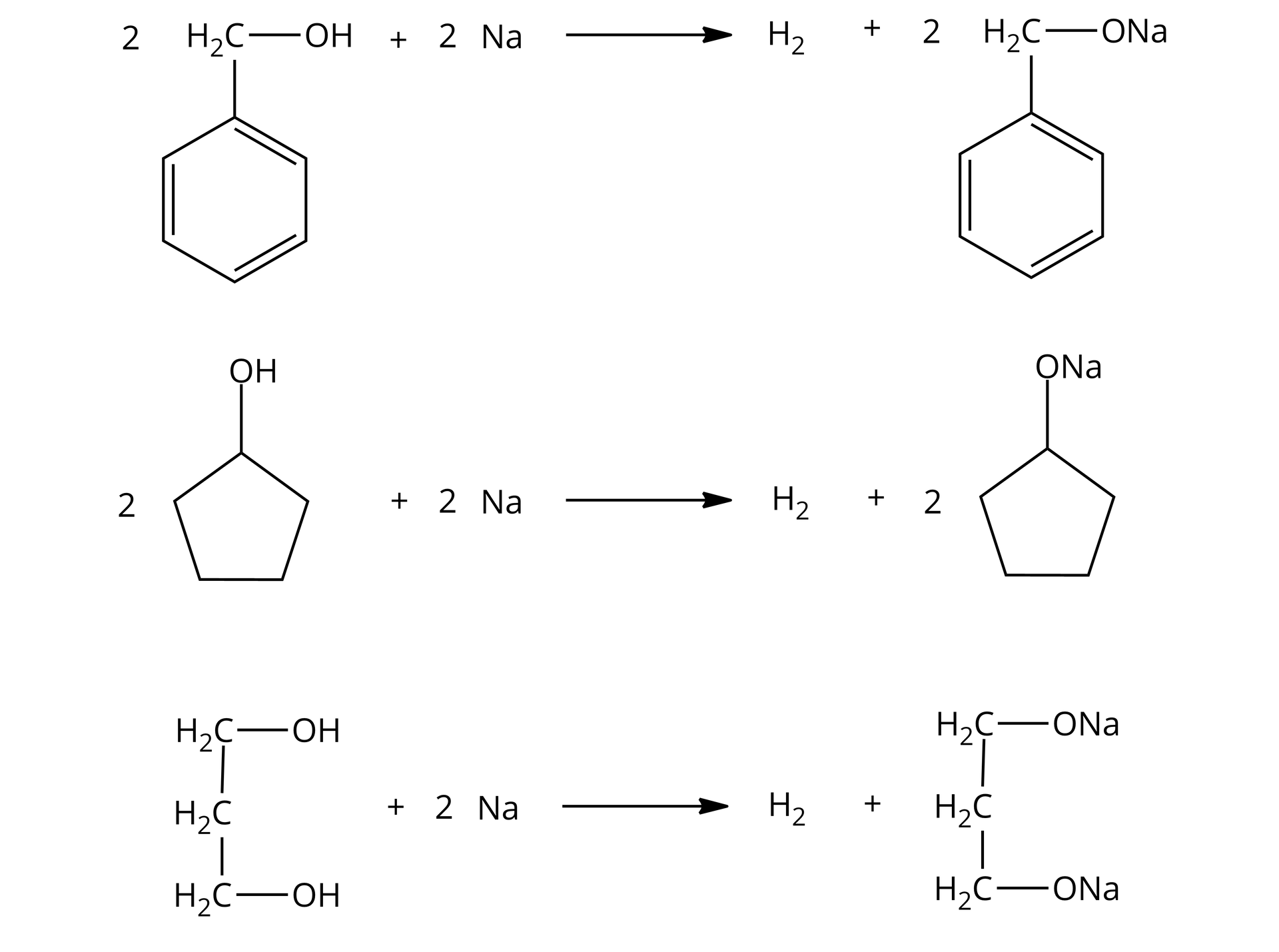 Ilustracja przedstawiająca trzy równania reakcji chemicznych: a) Dwie cząsteczki fenylometanolu dodać dwa atomy sodu, strzałka w prawo, za strzałką dwie cząsteczki fenylometanolanu sodu dodać cząsteczka wodoru;  b) Dwie cząsteczki cyklopentanolu dodać dwa atomy sodu, strzałka w prawo, za strzałką dwie  cząsteczki cyklopentanolanu sodu dodać cząsteczka wodoru  c) Cząsteczka propan‑1,3‑diolu dodać dwa atomy sodu, strzałka w prawo, za strzałką cząsteczka propano‑1,3‑diolanu sodu dodać cząsteczka wodoru.