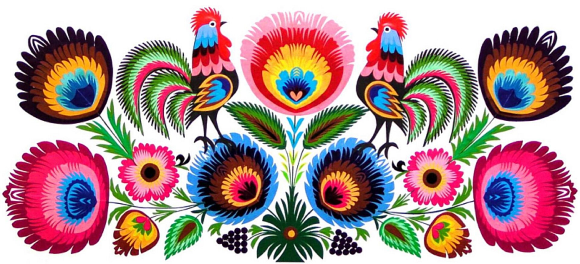 Ilustracja przedstawia łowicką kodrę. Na zdjęciu widać w poziomie, symetrycznie ułożone kolorowe kwiaty i listki kwiatowe. Po obu bokach głównego, środkowego kwiata widać kolorowego koguta z zielonkawym ogonem. Kwiaty są różnokolorowe.