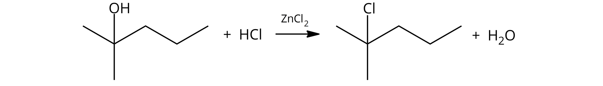 Ilustracja przedstawia równanie: CH32COH—CH2—CH2—CH3+HCl→ZnCl2CH32CCl—CH2—CH2-CH3+H2O.