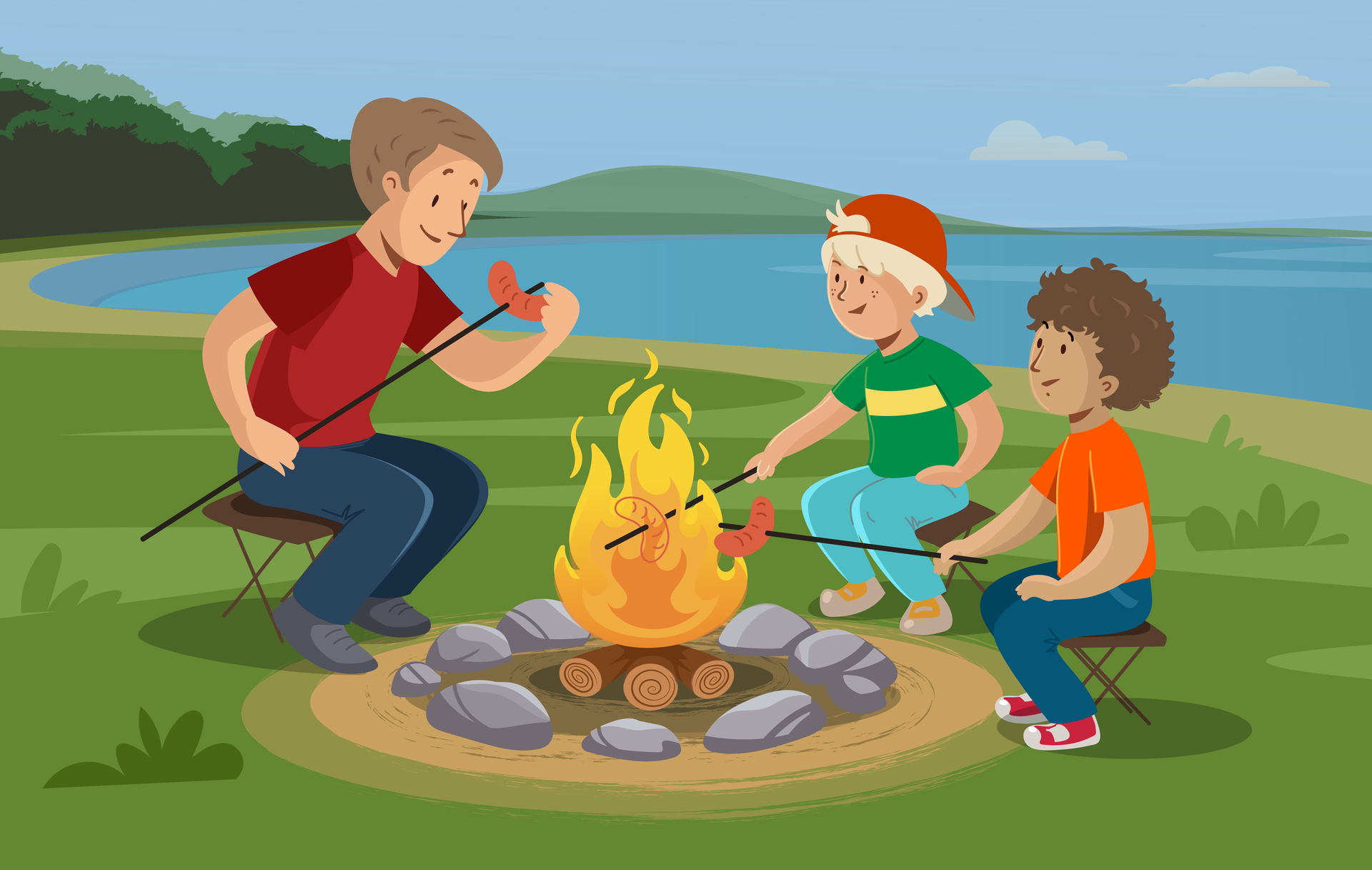 Ilustracja przedstawia chłopców i tatę smażących kiełbaski na ognisku