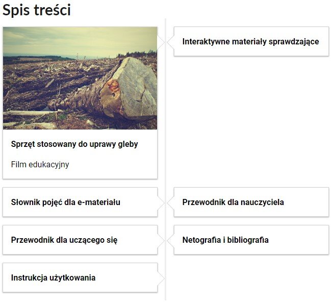 Grafika przedstawia spis treści tej lekcji. Przedstawiono siedem kafelków. Na jednym z nich umieszczono tytuł materiału, jego rodzaj oraz ilustrację powiązaną z jego tematem. Na pozostałych kafelkach umieszczono jedynie rodzaj materiału. Pierwszy kafelek zatytułowano: Sprzęt stosowany do uprawy gleby. Film edukacyjny. Posiada on ilustrację przedstawiającą ścięte drzewa leżące na ziemi. Drugi kafelek zatytułowano: Interaktywne materiały sprawdzające. Trzeci kafelek zatytułowano: Słownik pojęć dla e‑materiału. Czwarty kafelek zatytułowano: Przewodnik dla nauczyciela. Piąty kafelek zatytułowano: Przewodnik dla uczącego się. Szósty kafelek zatytułowano: Netografia i bibliografia. Siódmy kafelek zatytułowano: Instrukcja użytkowania.