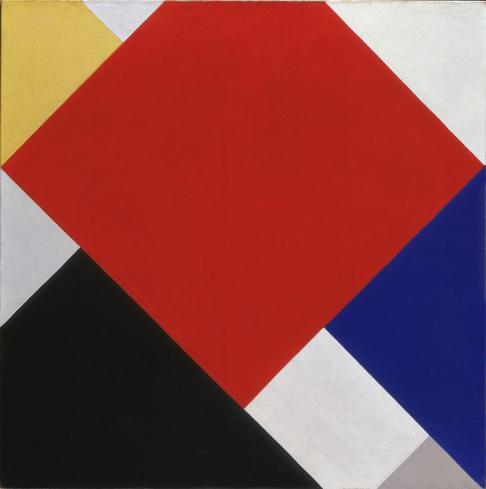 Ilustracja przedstawia obraz Thea van Doesburga „Counter Composition V”. Ukazuje kompozycje abstrakcyjną, podzieloną skośnie na pola będące figurami geometrycznymi. Płaszczyzny mają czyste kolory - czerwień, niebieski i żółty. Pojawiają się także pola: jedno czarne i dwa białe.