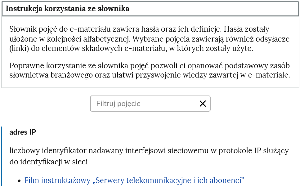 Grafika przedstawia widok na górną część słownika. Na górze widoczny jest rozwinięty panel z instrukcją. Poniżej znajduje się pole do filtrowania haseł słownika. Niżej widoczne jest hasło wraz z definicją.