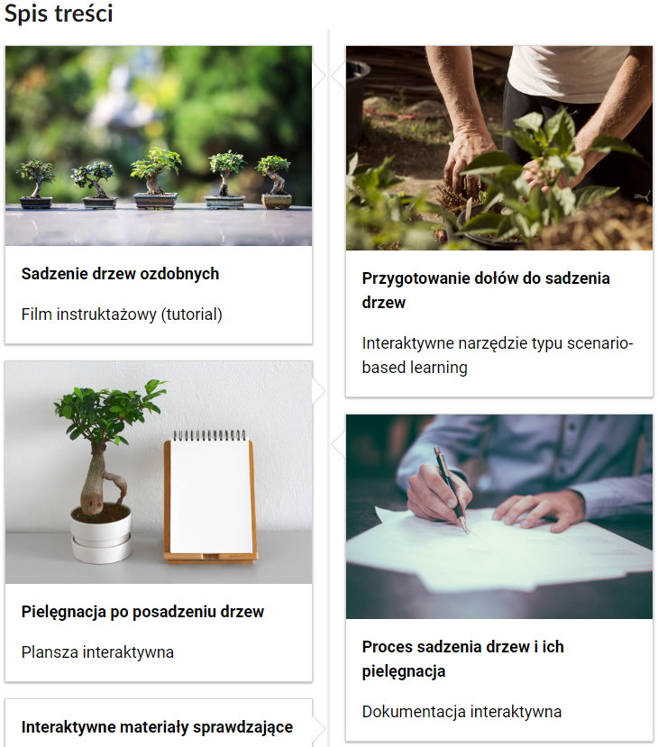 Grafika przedstawia widok fragmentu spisu treści. Spis treści złożony jest z sześciu kafelków z tytułami, a niektóre z nich wzbogacone są o ilustracje. Kafelek pierwszy. Sadzenie drzew ozdobnych. Film instruktażowy (tutorial). Na zdjęciu widoczne są drzewka w doniczkach. Drugi kafelek. Przygotowanie dołów do sadzenia drzew. Interaktywne narzędzie typu scenario‑based learning. Na zdjęciu widoczny jest ogrodnik wkładający sadzonkę do dołu. Trzeci kafelek. Pielęgnacja po posadzeniu drzew. Plansza interaktywna. Na zdjęciu widoczne jest drzewo w doniczce, a obok notatnik spiralny z białymi kartkami. Czwarty kafelek. Proces sadzenia i pielęgnacji drzew. Dokumentacja interaktywna. Na zdjęciu widoczny jest mężczyzna w koszuli, który podpisuje dokumenty, Piąty kafelek. Interaktywne materiały sprawdzające. Szósty kafelek. Słownik pojęć dla e‑materiału.