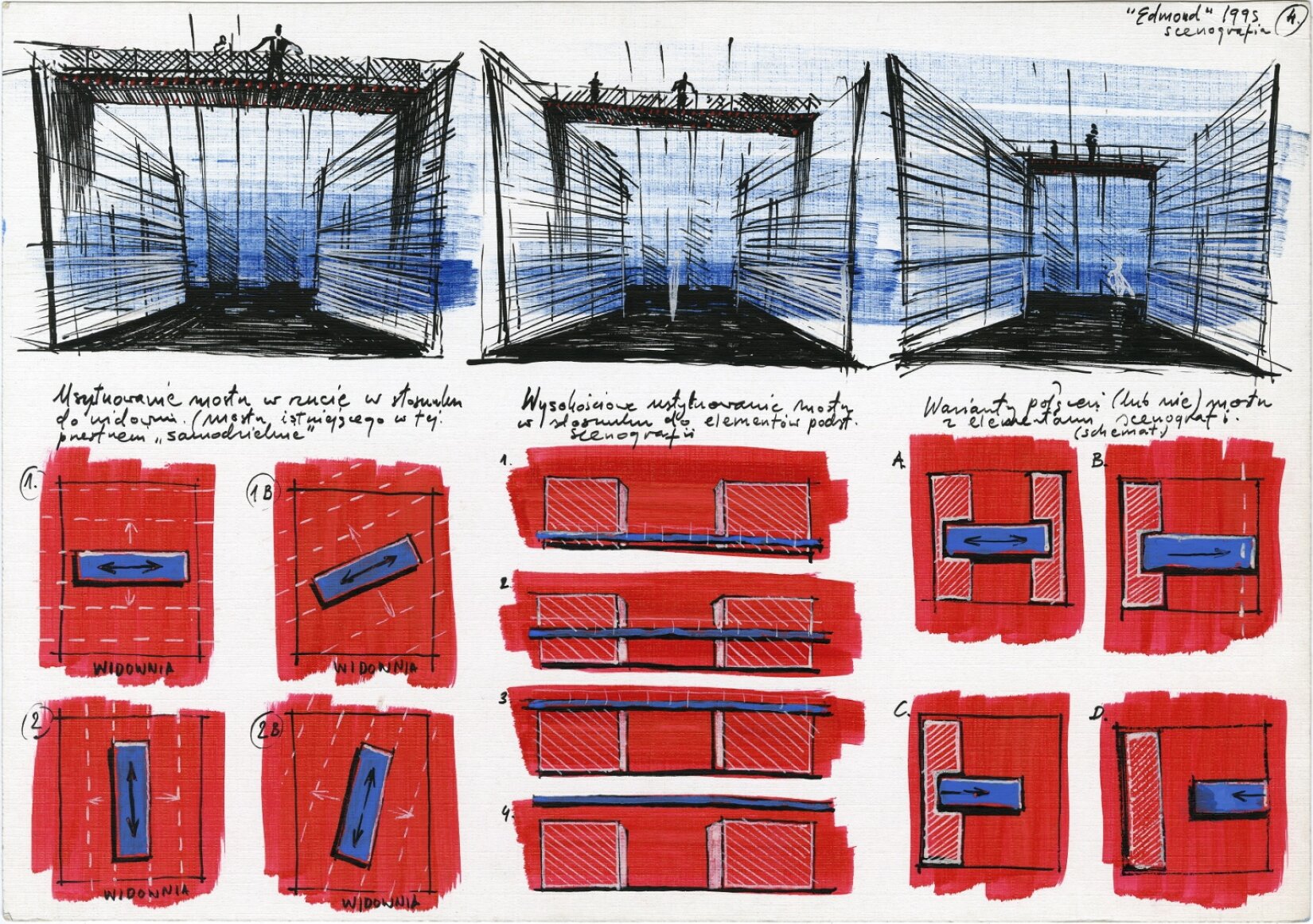 Ilustracja przedstawia szkic koncepcyjny do realizacji spektaklu „Egmond” Davida Mameta. Składa się on z 15 mniejszych szkiców. Na górze ilustracji są 3 szkice bardzo do siebie podobne. Pierwszy z nich przedstawia ściany, nad którymi jest most. Na środku mostu, przy barierkach stoją 2 postaci. Tło jest w różnych odcieniach niebieskiego, a pozostałe elementy narysowane są czarnym narzędziem pisarskim na białej kartce. Pod spodem są 3 linijki notatek. Drugi szkic przedstawia oddalenie widoku na most. Zmieniła się tylko ustawienie jednej z postaci. Stoi bardziej z lewej strony. Pod szkicem są 3 linijki notatek. Trzeci szkic przedstawia jeszcze większe oddalenie. Pod nim również znajdują się 3 linijki notatek. Natomiast nad nim jest napis „Egmond 1995 scenografia” i liczba 4 w kółku. Pod pierwszym szkicem znajdują się cztery kolejne ułożone po dwa w dwóch kolumnach i oznaczone numeracją w kółkach: 1, 1b, 2, 2b. Szkic z numerem 1 przedstawia czarną ramkę kwadratu na czerwonym tle w cienkie przerywane poziome linie. W środku znajduje się niebieski prostokąt z czarną ramką i strzałką podwójnie zakończoną. Prostokąt jest ułożony równolegle do białych linii. Od prostokąta prostopadle odchodzą 2 małe, białe strzałki, jedna w górę, druga w dół. Pod spodem znajduje się napis „widownia”. Szkic z numerem 1b przedstawia czarną ramkę kwadratu na czerwonym tle w cienkie przerywane ukośne linie. W środku znajduje się niebieski prostokąt z czarną ramką i strzałką podwójnie zakończoną. Prostokąt jest ułożony równolegle do białych linii. Od prostokąta prostopadle odchodzą 2 małe, białe strzałki, jedna w lewy górny róg, druga w prawy dolny róg. Pod spodem znajduje się napis „widownia”. Szkic z numerem 2 przedstawia czarną ramkę kwadratu na czerwonym tle w cienkie przerywane pionowe linie. W środku znajduje się niebieski prostokąt z czarną ramką i strzałką podwójnie zakończoną. Prostokąt jest ułożony równolegle do białych linii. Od prostokąta prostopadle odchodzą 2 małe, białe strzałki, jedna w lewo, druga w prawo. Pod spodem znajduje się napis „widownia”.  Szkic z numerem 2b przedstawia czarną ramkę kwadratu na czerwonym tle w cienkie przerywane ukośne linie. W środku znajduje się niebieski prostokąt z czarną ramką i strzałką podwójnie zakończoną. Prostokąt jest ułożony równolegle do białych linii. Od prostokąta prostopadle odchodzą 2 małe, białe strzałki, jedna w lewo po skosie, druga w prawo po skosie. Pod spodem znajduje się napis „widownia”. Pod drugim szkicem znajdują się cztery kolejne szkice, ułożone jeden pod drugim i oznaczone numeracją: 1, 2, 3, 4. Przedstawiają 2 kwadraty, które są oddalone od siebie oraz długi, niebieski prostokąt. Kwadraty mają czarną ramkę i białe ukośne linie wewnątrz. Tło jest w kolorze czerwonym. Poszczególne szkice różni jedynie ułożenie niebieskiego prostokąta. Na szkicu z numerem 1 prostokąt znajduje się przy dolnej krawędzi kwadratów. Na szkicu numer 2 znajduje się w połowie wysokości kwadratów. Na szkicu nr 3 znajduje się przy górnej krawędzi kwadratów. Na szkicu nr 4 znajduje się nad kwadratami. Pod trzecim szkicem znajdują się cztery szkice ułożone po dwa w dwóch kolumnach i oznaczone: A, B, C, D. Szkic A składa się z dwóch pionowych prostokątów oddalonych od siebie. W połowie ich wysokości znajduje się poziomy, niebieski prostokąt. Pionowe figury mają czarną ramkę i białe, ukośne linie wewnątrz. Niebieski prostokąt ma czarną ramkę, a w środku znajduje się pozioma strzałka podwójnie zakończona. Tło jest czerwone. Szkic B składa się z jednego pionowego prostokąta, w którego połowie wysokości znajduje się poziomy, niebieski prostokąt. Pionowa figura ma czarną ramkę i białe, ukośne linie wewnątrz. Niebieski prostokąt ma czarną ramkę, a w środku znajduje się pozioma strzałka skierowana w prawo. Tło jest czerwone. Szkic C jest bardzo podobny do szkicu B. Różni je jedynie długość niebieskiego prostokąta. Na szkicu C jest on krótszy. Szkic D  składa się z jednego pionowego prostokąta i jednego poziomego. Pionowa figura znajduje się z lewej strony obrazka,  ma czarną ramkę i białe, ukośne linie wewnątrz. Pozioma figura jest z prawej strony ilustracji, w połowie jego wysokości. Jest koloru niebieskiego z czarną ramką, a w środku znajduje się czarna, pozioma strzałka skierowana w lewo. Tło jest czerwone.