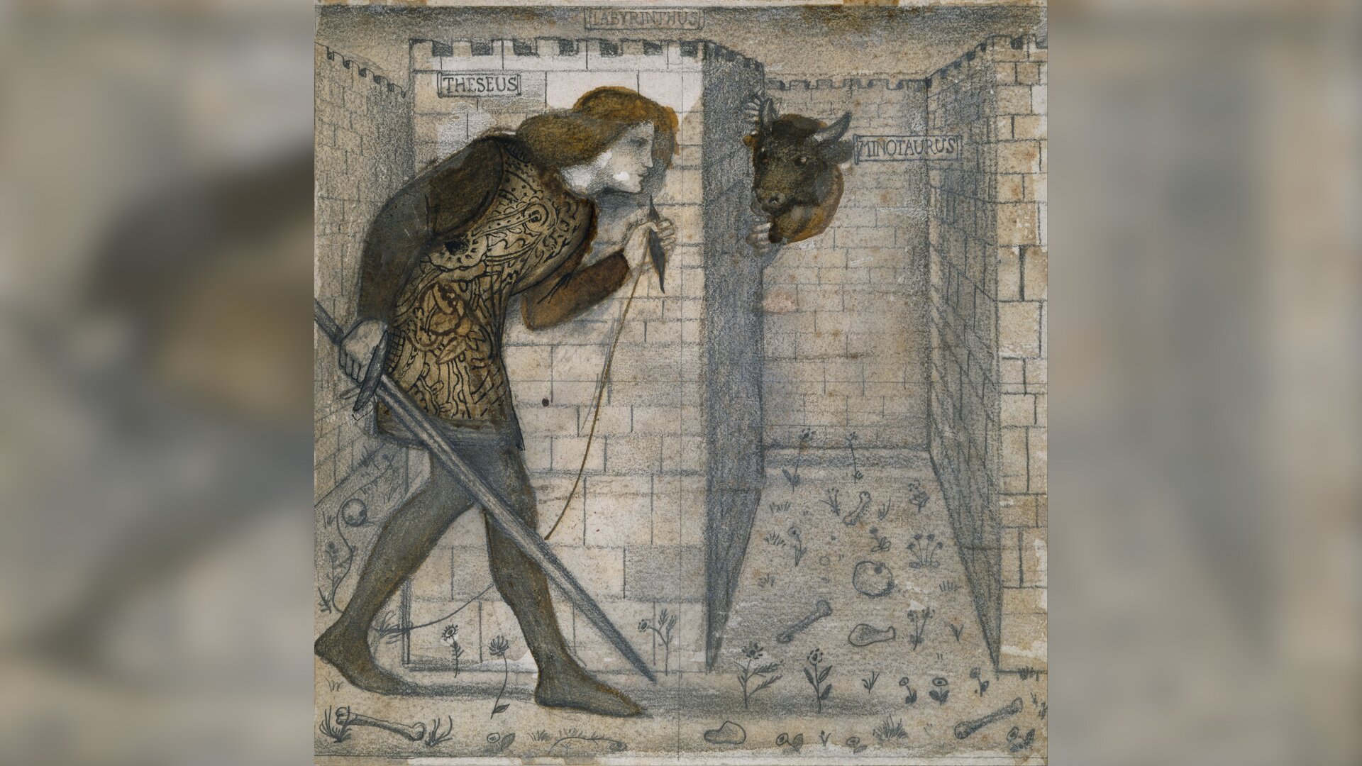 Obraz przedstawia młodego mężczyznę z kłębkiem nici w lewej dłoni. W prawej dłoni mężczyzna trzyma miecz. Zza ściany labiryntu wygląda postać Minotaura.