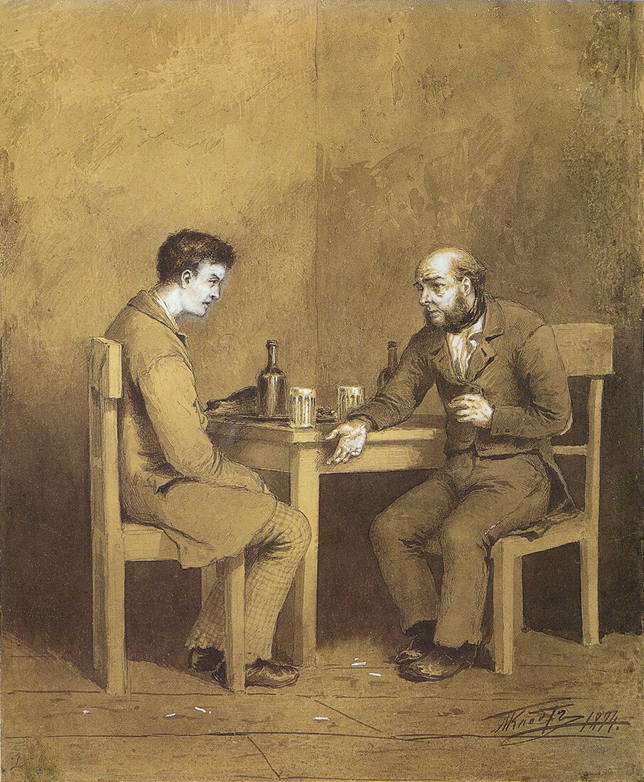 Obraz przedstawia dwóch mężczyzn siedzących przy stole. Mężczyzna po prawej stronie jest starszy, a po lewej  młodszy. Patrzą na siebie. Młodzieniec ma na sobie surdut i spodnie w kratkę. Słucha uważnie swego rozmówcy. Starszy mężczyzna jest prawie łysy, ale ma bujne bokobrody. Jest ubrany w koszulę i surdut. Jedną ręką opiera się o blat stołu, na którym stoją dwie butelki i dwie szklanki. 