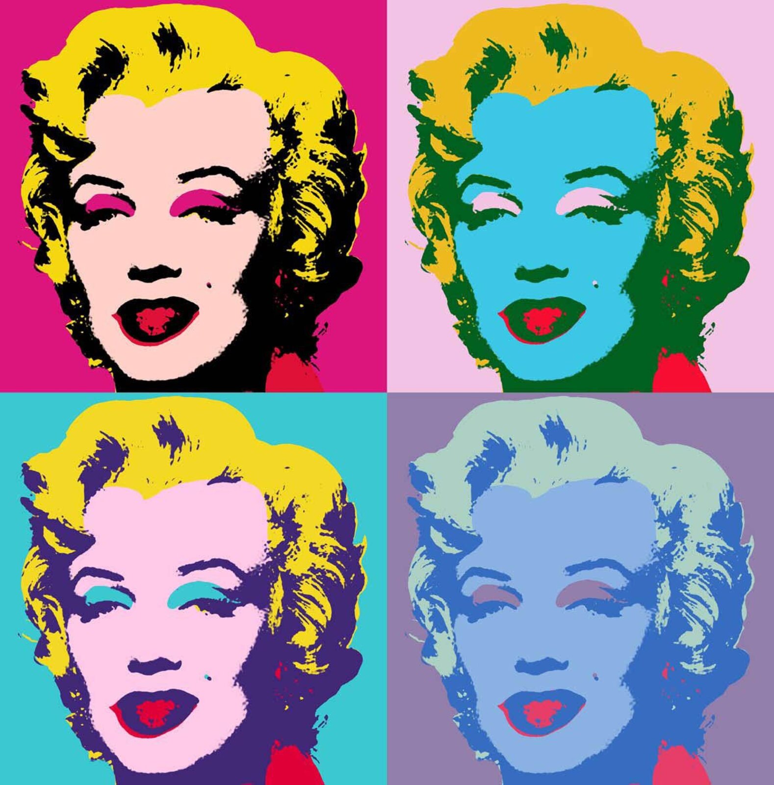 Ilustracja przedstawia obraz „Marilyn Monroe”, autorstwa Andy Warhola. Wykonane techniką serigrafii na płótnie dzieło ukazuje zmultiplikowany portret Marilyn Monroe. Kompozycja podzielona jest na cztery równe części. W każdej z nich znajduje się to samo ujęcie artystki, ukazane jednak w innych, nakładanych płasko kolorach. Najbardziej wyrazisty jest portret umieszczony u góry po lewej stronie. Cienie namalowane są czarną farbą, włosy są żółte natomiast powieki i tło jaskrawo‑różowe. Jedynie karnacja ma stonowany, cielisto‑różowy kolor. Obok, po prawej stronie znajduje się portret o zielonych cieniach, pomarańczowych włosach, jasnoróżowych powiekach i tle, oraz błękitnej twarzy. W lewej dolnej partii obrazu ukazany jest wizerunek o fioletowych cieniach, cytrynowożółtych włosach, błękitnych powiekach i tle oraz jasno‑różowej karnacji. Obok, w prawym dolnym rogu, artysta namalował najbardziej stonowany portret. Cienie są niebieskie, włosy blado‑zielone, powieki i tło to zgaszony fiolet, natomiast karnacja to jasny niebieski. Jedynym powtarzającym się kolorem jest czerwień ust Merlin. Dzięki prostemu zabiegowi kolorystycznemu artysta z jednej fotografii stworzył cztery, zupełnie różne w swym nastroju wizerunki gwiazdy.