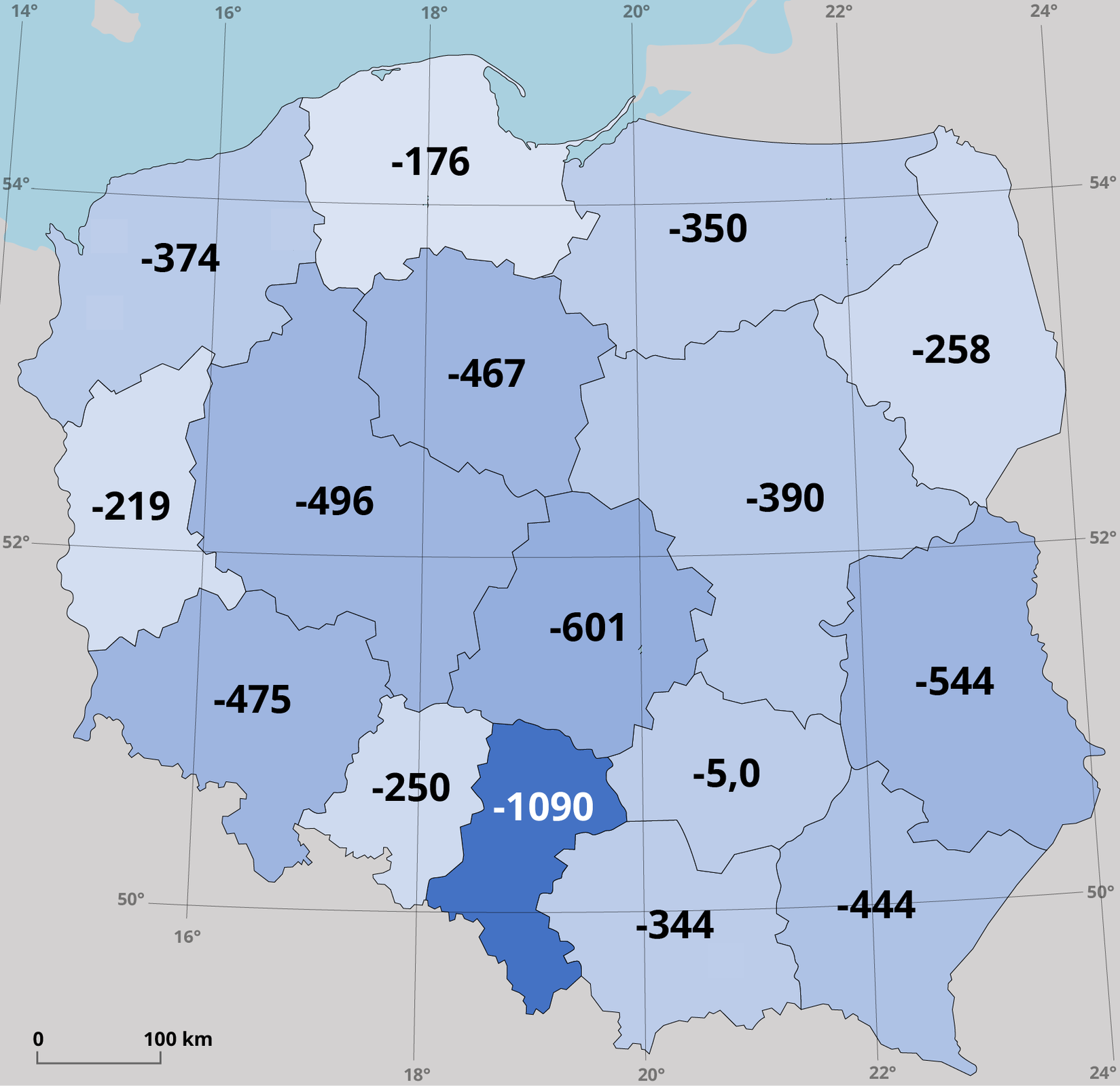 Kartogram Polski prezentujący wartość prognozowanych zmian liczby ludności w województwach w latach 2023‑2060 w tysiącach. Kartogram jest w odcieniach niebieskiego. Dla każdego województwa wartość współczynnika zapisano w jego granicach. Wartości dla poszczególnych województw: dolnośląskie, -250; kujawsko‑pomorskie; -467; lubelskie, -544; lubuskie, -219; łódzkie, -601; małopolskie, -344; mazowieckie,-390; opolskie, -250; podkarpackie, -444; podlaskie, -258; pomorskie, -176; śląskie, -1090; świętokrzyskie, -500; warmińsko‑mazurskie, -350; wielkopolskie, -496; zachodniopomorskie, -374. Na kartogramie znajduje się siatka kartograficzna na której opisano wartość południków i równoleżników co 2 stopnie. W lewym dolnym rogu mapy znajduje się podziałka liniowa.