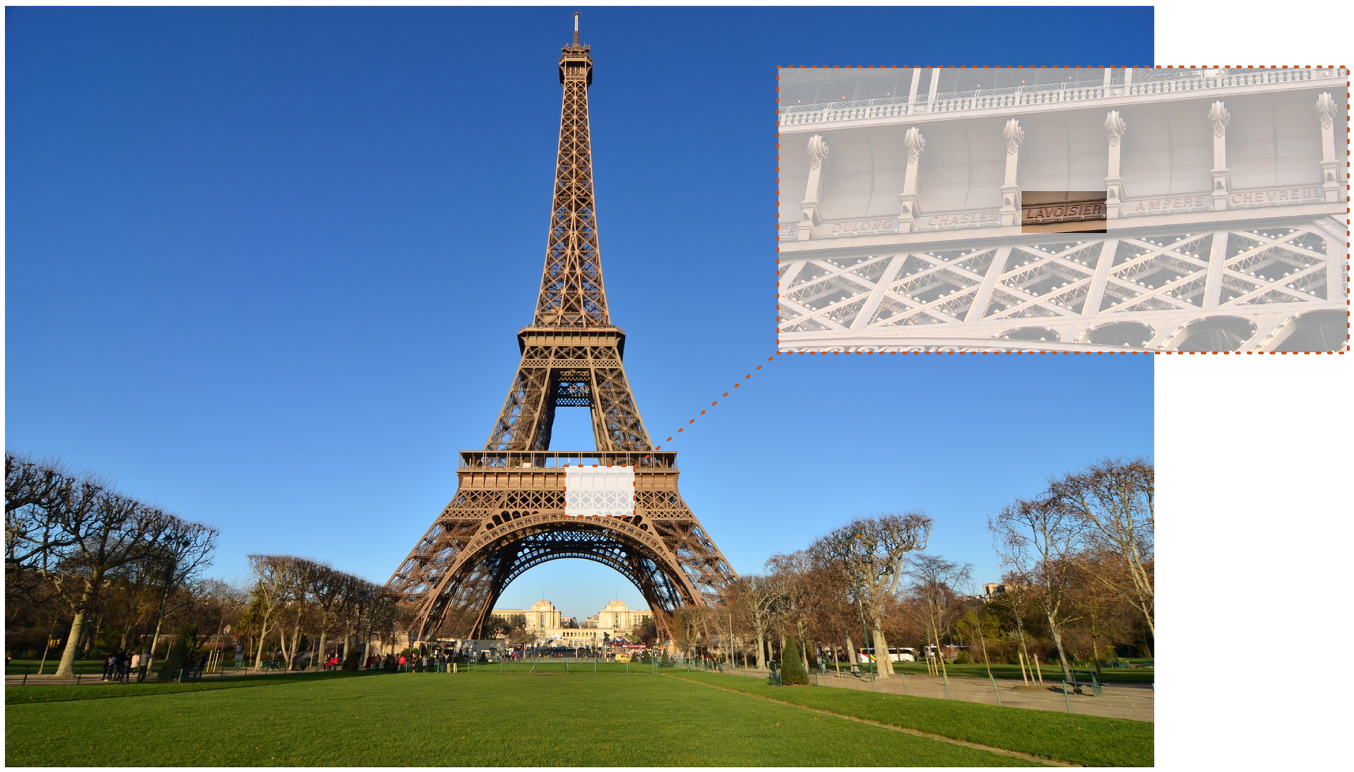 Ilustracja przedstawia fotografię Wieży Eiffla uwiecznioną od strony północno zachodniej. Na zdjęciu obszar pod pierwszym balkonem wyróżniony jest beżowym prostokątem. W prawym górnym rogu ilustracji znajduje się zbliżenie tego fragmentu Wieży w obrębie którego również zaznaczono, tym razem ciemniejszym prostokątem, nazwisko Lavoisier wyryte pomiędzy innymi nazwiskami naukowców, inżynierów i przemysłowców.