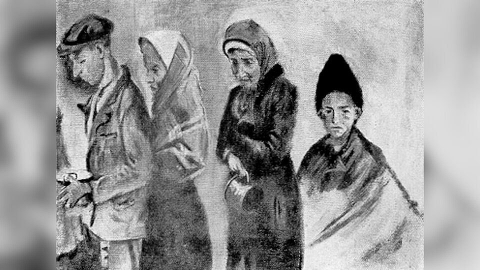 Obraz przedstawia cztery osoby stojące obok siebie. Są to dwaj mężczyźni i stojące pomiędzy nimi dwie kobiety. Wszyscy mają zasmucone twarze i pochylone głowy.