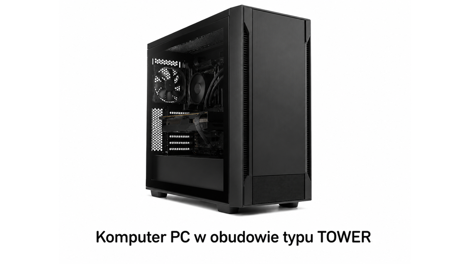 Grafika przedstawia komputer PC w obudowie typu TOWER - czarna skrzynka z szybą na bocznej ścianie. W środku widać wentylator na tylnej ścianie, wentylator w środku, kable oraz kartę graficzną.