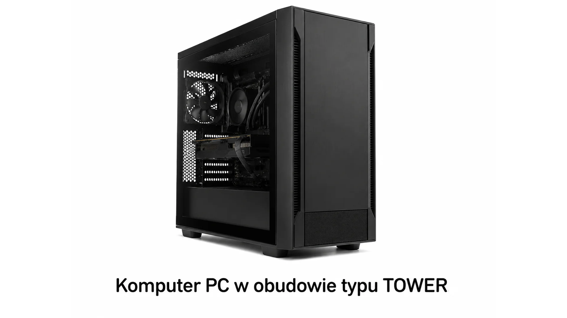 Grafika przedstawia komputer PC w obudowie typu TOWER - czarna skrzynka z szybą na bocznej ścianie. W środku widać wentylator na tylnej ścianie, wentylator w środku, kable oraz kartę graficzną.