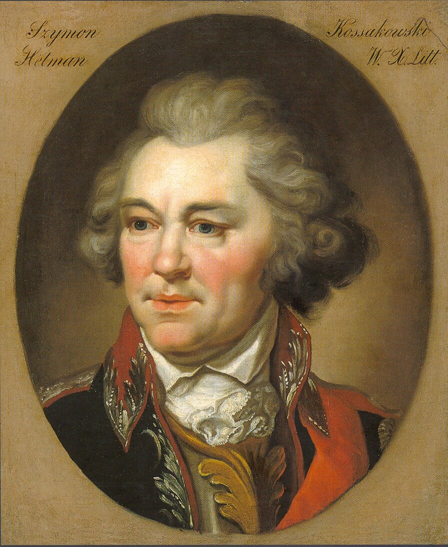 Portret mężczyzny w średnim wieku. Ma długie bujne i kręcone siwe włosy oraz zakola. Na szyi wysoki kołnierz ze zdobieniami. W rogach Szymon Kossakowski Hetman W. N. Litt.