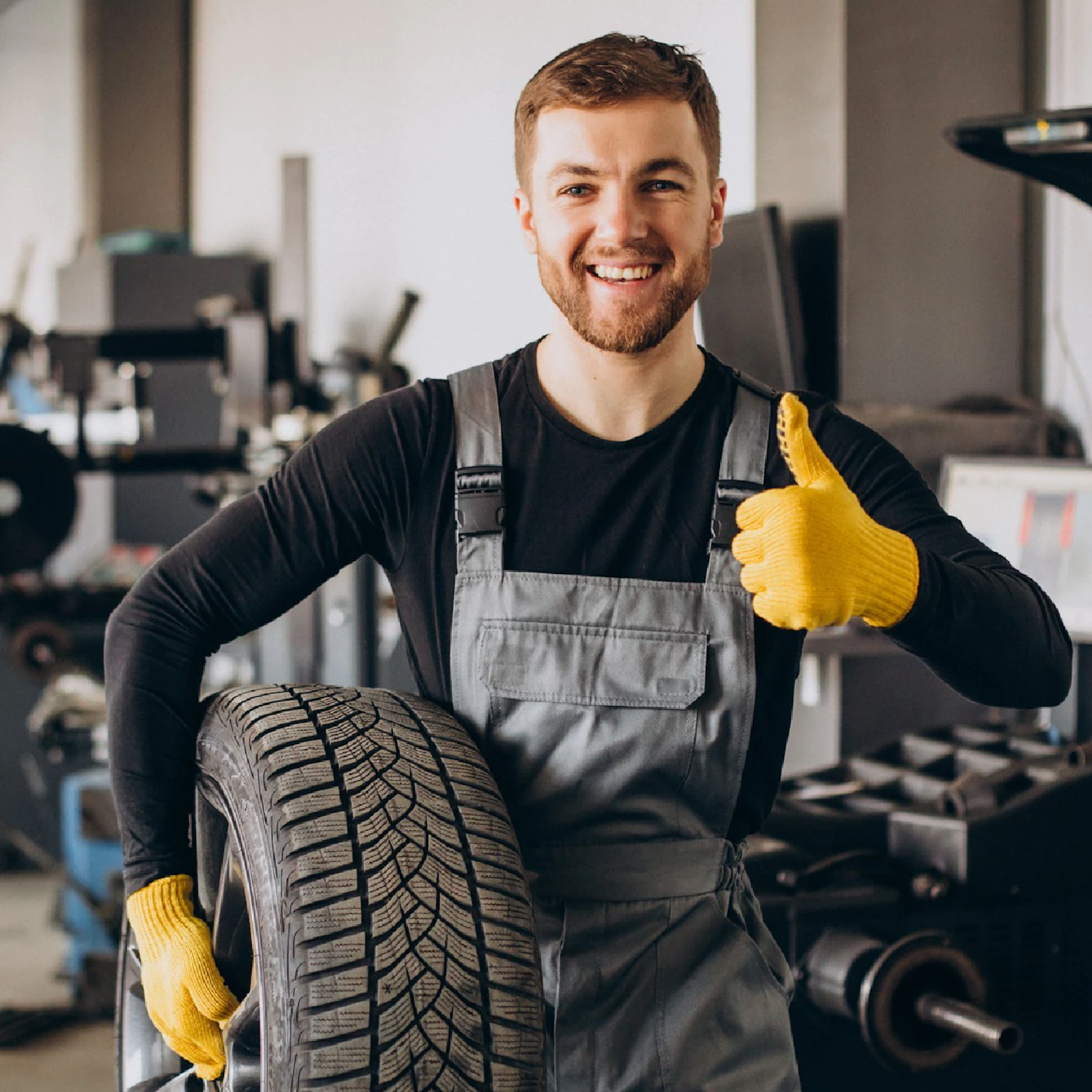 Zdjęcie przedstawia młodego mężczyznę ubranego w strój roboczy, który trzyma na biodrze oponę samochodową. 