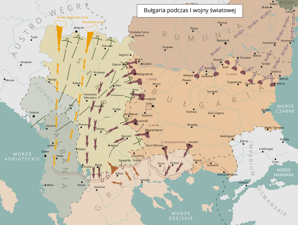 Ilustracja przedstawia mapę z zaznaczonymi państwami: Austro‑Węgry, Rumunia, Bułgaria, Serbia, Albania, Grecja. za pomocą strzałek pokazano działania ofensywne Bułgarii w czasie pierwszej wojny światowej. Skumulowane były one na Serbii, Albanii oraz Rumunii.