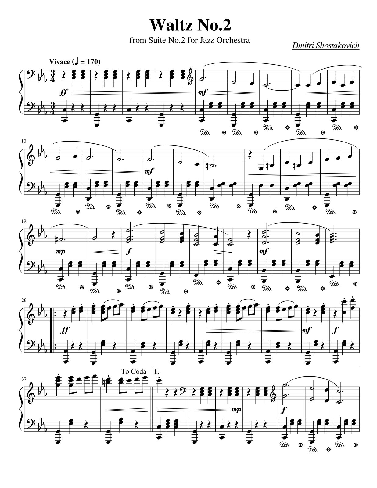 Grafika przedstawia partyturę utworu „Walc z suity Nr. 2 na orkiestrę jazzową” autorstwa Dmitrija Szostakowicza [czytaj: dymitra szostakowicza]. Utwór jest napisany w metrum trzy czwarte, w tonacji c‑moll i grany jest w tempie vivace [czytaj: wiwacze], czyli stu siedemdziesięciu ćwierćnut na minutę. Partytura zawiera takty od pierwszego do czterdziestego piątego oraz opracowaną partię fortepianu w dwóch kluczach basowych, z czego górny później zostaje zamieniony na wiolinowy. W pierwszym takcie w górnym kluczu basowym na pierwszą miarę zapisano pauzę ćwierćnutową, natomiast na miary drugą oraz trzecią dwie ćwierćnuty‑trójdźwięki, złożone z nut c, es oraz g, tworzące akord c‑moll w postaci zasadniczej. W dolnym kluczu basowym na pierwszą miarę grana jest ćwierćnuta‑oktawa, złożona z nut c. Na drugą oraz trzecią miarę zapisano po pauzie ćwierćnutowej. Pod taktem zapisano dynamikę forte fortissimo [czytaj: forte fortissimo] oraz diminuendo [czytaj: diminuendo], które trwa przez kolejne takty. W drugim takcie w górnym kluczu basowym na pierwszą miarę zapisano pauzę ćwierćnutową, natomiast na miary drugą oraz trzecią dwie ćwierćnuty‑trójdźwięki, złożone z nut c, es oraz g, tworzące akord c‑moll w postaci zasadniczej. W dolnym kluczu basowym na pierwszą miarę grana jest ćwierćnuta‑oktawa, złożona z nut g. Na drugą oraz trzecią miarę zapisano po pauzie ćwierćnutowej. W takcie wciąż trwa diminuendo [czytaj: diminuendo], które rozpoczęło się w takcie pierwszym. W trzecim takcie w górnym kluczu basowym na pierwszą miarę zapisano pauzę ćwierćnutową, natomiast na miary drugą oraz trzecią dwie ćwierćnuty‑trójdźwięki, złożone z nut c, es oraz g, tworzące akord c‑moll w postaci zasadniczej. W dolnym kluczu basowym na pierwszą miarę grana jest ćwierćnuta‑oktawa, złożona z nut c. Na drugą oraz trzecią miarę zapisano po pauzie ćwierćnutowej. W takcie wciąż trwa diminuendo [czytaj: diminuendo], które rozpoczęło się w takcie pierwszym. W takcie czwartym w górnym kluczu basowym na pierwszą miarę zapisano pauzę ćwierćnutową, natomiast na miary drugą oraz trzecią dwie ćwierćnuty‑trójdźwięki, złożone z nut c, es oraz g, tworzące akord c‑moll w postaci zasadniczej. Pod koniec taktu następuje zmiana klucza na wiolinowy. W dolnym kluczu basowym na pierwszą miarę grana jest ćwierćnuta‑oktawa, złożona z nut g. Na drugą oraz trzecią miarę zapisano po pauzie ćwierćnutowej. Pod koniec taktu kończy się diminuendo [czytaj: diminuendo], które rozpoczęło się w takcie pierwszym. W piątym takcie w kluczu wiolinowym grana jest półnuta z kropką g, od której rozpoczyna się fraza, trwająca przez kolejne takty. W kluczu basowym na pierwszą miarę grana jest ćwierćnuta‑oktawa c, a na miary drugą oraz trzecią po ćwierćnucie‑dwudźwięku, złożonym z nut es oraz g. Pod taktem zapisano zmianę dynamiki na mezzoforte [czytaj: med‑zo forte] na pierwszą miarę, a na miarę drugą początek diminuendo [czytaj: diminuendo], które trwa do końca kolejnego taktu. Dodatkowo pod taktem na pierwszą miarę zaznaczono wciśnięcie pedału forte [czytaj: forte], który jest puszczany dopiero pod koniec taktu. W takcie szóstym w kluczu wiolinowym na pierwsze dwie miary grana jest półnuta es, natomiast na miarę trzecią ćwierćnuta d. W takcie nadal trwa fraza, która rozpoczęła się na pierwszą miarę w takcie piątym. W kluczu basowym na pierwszą miarę grana jest ćwierćnuta‑oktawa g, a na miarę drugą oraz trzecią ćwierćnuty‑dwudźwięki, złożone z nut es oraz g. Pod koniec taktu kończy się diminuendo [czytaj: diminuendo], które rozpoczęło się w takcie poprzednim. Dodatkowo pod taktem na pierwszą miarę zaznaczono wciśnięcie pedału forte [czytaj: forte], który jest puszczany dopiero pod koniec taktu. W siódmym takcie w kluczu wiolinowym grana jest półnuta z kropką c, którą przedłużono do kolejnego taktu; w takcie nadal trwa fraza, która rozpoczęła się na pierwszą miarę w takcie piątym. W kluczu basowym na pierwszą miarę grana jest ćwierćnuta‑oktawa c, a na miary drugą oraz trzecią po ćwierćnucie‑dwudźwięku, złożonym z nut es oraz g. Dodatkowo pod taktem na pierwszą miarę zaznaczono wciśnięcie pedału forte [czytaj: forte], który jest puszczany dopiero pod koniec taktu. W takcie ósmym w kluczu wiolinowym na pierwszą miarę zapisano ćwierćnutę c, przedłużoną z poprzedniego taktu; na tym dźwięku kończy się fraza rozpoczęta w takcie piątym. Na miarę drugą grana jest ćwierćnuta c, a na miarę trzecią ćwierćnuta d. Na drugą miarę rozpoczyna się kolejna fraza, która trwa przez dalsze takty. W kluczu basowym na pierwszą miarę grana jest ćwierćnuta‑oktawa g, a na miarę drugą oraz trzecią ćwierćnuty‑dwudźwięki, złożone z nut es oraz g. W takcie na drugą miarę rozpoczyna się crescendo, które trwa przez kolejne takty. Dodatkowo pod taktem na pierwszą miarę zaznaczono wciśnięcie pedału forte [czytaj: forte], który jest puszczany dopiero pod koniec taktu. W dziewiątym takcie w kluczu wiolinowym na pierwszą miarę grana jest ćwierćnuta es, na miarę drugą ćwierćnuta c, natomiast na miarę trzecią ponownie ćwierćnuta es. W takcie nadal trwa fraza, rozpoczęta na drugą miarę w takcie ósmym. W kluczu basowym na pierwszą miarę grana jest ćwierćnuta‑oktawa c, a na miary drugą oraz trzecią po ćwierćnucie‑dwudźwięku, złożonym z nut es oraz g. W takcie trwa też crescendo [czytaj: kreszendo], rozpoczęte w poprzednim takcie. Dodatkowo pod taktem na pierwszą miarę zaznaczono wciśnięcie pedału forte [czytaj: forte], który jest puszczany dopiero pod koniec taktu. W dziesiątym takcie w kluczu wiolinowym na pierwsze dwie miary grana jest półnuta g, a na miarę trzecią ćwierćnuta as. W takcie nadal trwa fraza, rozpoczęta na drugą miarę w takcie ósmym. W kluczu basowym na pierwszą miarę grana jest ćwierćnuta‑oktawa g, a na miary drugą oraz trzecią po ćwierćnucie‑dwudźwięku, złożonym z nut es oraz g. Pod taktem zaznaczono crescendo [czytaj: kreszendo], rozpoczęte w takcie ósmym, które kończy się po trzeciej mierze. Dodatkowo pod taktem na pierwszą miarę zaznaczono wciśnięcie pedału forte [czytaj: forte], który jest puszczany dopiero pod koniec taktu. W takcie jedenastym w kluczu wiolinowym grana jest półnuta z kropką g. W takcie nadal trwa fraza, rozpoczęta na drugą miarę w takcie ósmym. W kluczu basowym na pierwszą miarę grana jest ćwierćnuta‑oktawa d, a na miary drugą oraz trzecią po ćwierćnucie‑dwudźwięku, złożonym z nut f oraz as. Pod taktem zaznaczono diminuendo [czytaj: diminuendo], które trwa również w kolejnym takcie. Dodatkowo pod taktem na pierwszą miarę zaznaczono wciśnięcie pedału forte [czytaj: forte], który jest puszczany dopiero pod koniec taktu. W dwunastym takcie na pierwszą miarę grana jest półnuta z kropką f, na której kończy się fraza rozpoczęta w ósmym takcie. W kluczu basowym na pierwszą miarę grana jest ćwierćnuta‑oktawa g, a na miary drugą oraz trzecią po ćwierćnucie‑dwudźwięku, złożonym z nut f oraz as. Pod taktem zaznaczono diminuendo [czytaj: diminuendo], które rozpoczęło się w poprzednim takcie i kończy się po trzeciej mierze. Dodatkowo pod taktem na pierwszą miarę zaznaczono wciśnięcie pedału forte [czytaj: forte], który jest puszczany dopiero pod koniec taktu. W trzynastym takcie w kluczu wiolinowym na pierwszą miarę grana jest półnuta z kropką f, od której zaczyna się fraza, trwająca w kolejnych taktach. W kluczu basowym na pierwszą miarę grana jest ćwierćnuta‑oktawa d, a na miary drugą oraz trzecią po ćwierćnucie‑dwudźwięku, złożonym z nut f oraz as. Pod taktem zaznaczono zmianę dynamiki na mezzoforte [czytaj: med‑zo forte]. Dodatkowo pod taktem na pierwszą miarę zaznaczono wciśnięcie pedału forte [czytaj: forte], który jest puszczany dopiero pod koniec taktu. W takcie czternastym w kluczu wiolinowym na pierwsze dwie miary grana jest półnuta d, a na miarę trzecią ćwierćnuta c. W takcie trwa fraza, która zaczęła się w poprzednim takcie i kończy w takcie kolejnym. W kluczu basowym na pierwszą miarę grana jest ćwierćnuta‑oktawa g, a na miary drugą oraz trzecią po ćwierćnucie‑dwudźwięku, złożonym z nut f oraz as. Dodatkowo pod taktem na pierwszą miarę zaznaczono wciśnięcie pedału forte [czytaj: forte], który jest puszczany dopiero pod koniec taktu. W piętnastym takcie w kluczu wiolinowym grana jest półnuta z kropką h, na której kończy się fraza rozpoczęta w takcie trzynastym. W kluczu basowym na pierwszą miarę grana jest ćwierćnuta‑oktawa d, a na miary drugą oraz trzecią po ćwierćnucie‑dwudźwięku, złożonym z nut f oraz g. Dodatkowo pod taktem na pierwszą miarę zaznaczono wciśnięcie pedału forte [czytaj: forte], który jest puszczany dopiero pod koniec taktu. W szesnastym takcie w kluczu wiolinowym na pierwszą miarę zapisano pauzę ćwierćnutową, na miarę drugą ćwierćnutę g, a na miarę trzecią ćwierćnutę h. Na drugą miarę rozpoczyna się fraza, która trwa w kolejnych taktach. W kluczu basowym na pierwszą miarę grana jest ćwierćnuta‑oktawa g, a na miary drugą oraz trzecią dwa razy ćwierćnuta f. Na pierwszą miarę rozpoczyna się crescendo [czytaj: kreszendo], które trwa dalej w kolejnych taktach. Dodatkowo pod taktem na pierwszą miarę zaznaczono wciśnięcie pedału forte [czytaj: forte], który jest puszczany dopiero pod koniec taktu. W siedemnastym takcie w kluczu wiolinowym na pierwszą miarę grana jest ćwierćnuta d, na miarę drugą ćwierćnuta h, natomiast na trzecią miarę ponownie ćwierćnuta d. W takcie trwa fraza, rozpoczęta w takcie szesnastym. W kluczu basowym na pierwszą miarę grana jest ćwierćnuta‑oktawa d, a na miary drugą oraz trzecią po ćwierćnucie‑dwudźwięku, złożonym z nut f oraz g. W takcie wciąż trwa crescendo [czytaj: kreszendo], które rozpoczęło się w szesnastym takcie. Dodatkowo pod taktem na pierwszą miarę zaznaczono wciśnięcie pedału forte [czytaj: forte], który jest puszczany dopiero pod koniec taktu. W osiemnastym takcie w kluczu wiolinowym na pierwszą miarę grana jest ćwierćnuta f, na miarę drugą ćwierćnuta g, a na trzecią miarę ćwierćnuta as. W takcie trwa fraza, rozpoczęta w takcie szesnastym. W kluczu basowym na pierwszą miarę grana jest ćwierćnuta‑oktawa g, a na miary drugą oraz trzecią po ćwierćnucie‑dwudźwięku, złożonym z nut f oraz g. Pod koniec taktu kończy się crescendo [czytaj: kreszendo], które rozpoczęło się w szesnastym takcie. Dodatkowo pod taktem na pierwszą miarę zaznaczono wciśnięcie pedału forte [czytaj: forte], który jest puszczany dopiero pod koniec taktu. W dziewiętnastym takcie w kluczu wiolinowym grana jest półnuta z kropką fis; w takcie nadal trwa fraza, rozpoczęta w takcie szesnastym. W kluczu basowym na pierwszą miarę grana jest ćwierćnuta‑oktawa c, a na miary drugą oraz trzecią po ćwierćnucie‑dwudźwięku, złożonym z nut es oraz g. Pod taktem zapisano zmianę dynamiki na mezzopiano [czytaj: med‑zo piano]. Dodatkowo pod taktem na pierwszą miarę zaznaczono wciśnięcie pedału forte [czytaj: forte], który jest puszczany dopiero pod koniec taktu. W takcie dwudziestym na pierwsze dwie miary grana jest półnuta g, na której kończy się fraza rozpoczęta w takcie szesnastym, a na miarę trzecią zapisano pauzę ćwierćnutową. W kluczu basowym na pierwszą miarę grana jest ćwierćnuta‑oktawa g, a na miarę drugą oraz trzecią ćwierćnuty‑dwudźwięki, złożone z nut es oraz g. Pod taktem zapisano crescendo [czytaj: kreszendo], które zaczyna się na pierwsza miarę i kończy po mierze trzeciej. Dodatkowo pod taktem na pierwszą miarę zaznaczono wciśnięcie pedału forte [czytaj: forte], który jest puszczany dopiero pod koniec taktu. W dwudziestym pierwszym takcie w kluczu wiolinowym grana jest półnuta z kropką, złożona z nut es, g oraz es oktawę wyżej, od której rozpoczyna się nowa fraza. W kluczu basowym na pierwszą miarę grana jest ćwierćnuta‑oktawa c, a na miarę drugą oraz trzecią ćwierćnuty‑dwudźwięki, złożone z nut es oraz g. Pod taktem zapisano zmianę dynamiki na forte [czytaj: forte]. Dodatkowo pod taktem na pierwszą miarę zaznaczono wciśnięcie pedału forte [czytaj: forte], który jest puszczany dopiero pod koniec taktu. W dwudziestym drugim takcie w kluczu wiolinowym na pierwsze dwie miary grana jest półnuta‑trójdźwięk, złożona z nut es, g oraz d, natomiast na miarę trzecią ćwierćnuta‑trójdźwięk z nut es, g oraz c. W takcie nadal trwa fraza, rozpoczęta w takcie dwudziestym pierwszym. W kluczu basowym na pierwszą miarę grana jest ćwierćnuta‑oktawa g, a na miarę drugą oraz trzecią ćwierćnuty‑dwudźwięki, złożone z nut es oraz g. Dodatkowo pod taktem na pierwszą miarę zaznaczono wciśnięcie pedału forte [czytaj: forte], który jest puszczany dopiero pod koniec taktu. W dwudziestym trzecim takcie w kluczu wiolinowym na pierwsze dwie miary grana jest półnuta‑trójdźwięk, złożona z nut c, f oraz b, natomiast na miarę trzecią ćwierćnuta‑dwudźwięk z nut c oraz as. W takcie nadal trwa fraza, rozpoczęta w takcie dwudziestym pierwszym. W kluczu basowym na pierwszą miarę grana jest ćwierćnuta f, a na miarę drugą oraz trzecią ćwierćnuty‑dwudźwięki, złożone z nut f oraz as. Na miarę trzecią rozpoczyna się diminuendo [czytaj: diminuendo], które trwa do kolejnego taktu. Dodatkowo pod taktem na pierwszą miarę zaznaczono wciśnięcie pedału forte [czytaj: forte], który jest puszczany dopiero pod koniec taktu. W dwudziestym czwartym takcie w kluczu wiolinowym na pierwsze dwie miary grana jest półnuta‑dwudźwięk, złożona z nut c oraz f, na której kończy się fraza rozpoczęta w takcie dwudziestym pierwszym. Na trzecią miarę zapisano pauzę ćwierćnutową. W kluczu basowym na pierwszą miarę grana jest ćwierćnuta‑oktawa c, a na miarę drugą oraz trzecią ćwierćnuty‑dwudźwięki, złożone z nut f oraz as. Po pierwszej mierze kończy się diminuendo [czytaj: diminuendo], które rozpoczęło się w poprzednim takcie. Dodatkowo pod taktem na pierwszą miarę zaznaczono wciśnięcie pedału forte [czytaj: forte], który jest puszczany dopiero pod koniec taktu. W dwudziestym piątym takcie w kluczu wiolinowym grana jest półnuta z kropką, złożona z nut d, as oraz d oktawę wyżej, od której rozpoczyna się fraza, trwająca w dalszych taktach. W kluczu basowym na pierwszą miarę grana jest ćwierćnuta‑oktawa b, a na miarę drugą oraz trzecią ćwierćnuty‑dwudźwięki, złożone z nut f oraz as. Pod taktem zapisano zmianę dynamiki na mezzoforte [czytaj: med‑zo forte]. Dodatkowo pod taktem na pierwszą miarę zaznaczono wciśnięcie pedału forte [czytaj: forte], który jest puszczany dopiero pod koniec taktu. W takcie dwudziestym szóstym w kluczu wiolinowym na pierwsze dwie miary grana jest półnuta‑trójdźwięk, złożona z nut d, f oraz c, a na miarę trzecią ćwierćnuta‑trójdźwięk z nut d, f oraz b. W takcie nadal trwa fraza, rozpoczęta w poprzednim takcie. W kluczu basowym na pierwszą miarę grana jest ćwierćnuta‑oktawa b, a na miarę drugą oraz trzecią ćwierćnuty‑dwudźwięki, złożone z nut f oraz as. Dodatkowo pod taktem na pierwszą miarę zaznaczono wciśnięcie pedału forte [czytaj: forte], który jest puszczany dopiero pod koniec taktu. W dwudziestym siódmym takcie w kluczu wiolinowym grana jest półnuta z kropką, złożona z nut es, g oraz b, tworząca akord Es‑dur w postaci zasadniczej. W kluczu basowym na pierwszą miarę grana jest ćwierćnuta es, a na miary drugą oraz trzecią dwa razy ćwierćnuta‑dwudźwięk, złożona z nut es oraz g. Dodatkowo pod taktem na pierwszą miarę zaznaczono wciśnięcie pedału forte [czytaj: forte], który jest puszczany dopiero pod koniec taktu. W dwudziestym ósmym takcie w kluczu wiolinowym na pierwszą miarę zapisano pauzę ćwierćnutową, na miarę drugą ćwierćnutę‑dwudźwięk, złożoną z nut c oraz es z artykulacją staccato [czytaj: stakato], natomiast na miarę trzecią ćwierćnutę‑dwudźwięk, złożoną z nut d oraz f, ponownie z artykulacją staccato [czytaj: stakato]. W kluczu basowym na pierwszą miarę zapisano ćwierćnutę‑oktawę as, natomiast na miary drugą oraz trzecią po pauzie ćwierćnutowej. Pod taktem zapisano zmianę dynamiki na forte fortissimo [czytaj: forte fortissimo], a przed taktem początek repetycji. W takcie dwudziestym dziewiątym w kluczu wiolinowym na pierwszą miarę grana jest ćwierćnuta‑trójdźwięk, złożona z nut c, es oraz g tworzących akord c‑moll w postaci zasadniczej; ćwierćnuta jest grana z artykulacją staccato [czytaj: stakato]. Na drugą miarę zapisano ósemkę z takim samym trójdźwiękiem, a następnie ósemkę f, a na miarę trzecią ósemki g oraz as. Dźwięki od miary drugiej do trzeciej włącznie tworzą jedną frazę. W kluczu basowym na pierwszą miarę grana jest ćwierćnuta‑oktawa g, na miarę drugą ćwierćnuta‑dwudźwięk, złożona z nut es oraz g, natomiast na miarę trzecią zapisano pauzę ćwierćnutową. W trzydziestym takcie w kluczu wiolinowym na pierwszą miarę grana jest ćwierćnuta‑dwudźwięk, złożona z nut d oraz f z artykulacją staccato [czytaj: stakato], na miarę drugą ósemka‑dwudźwięk d oraz f i ósemka es, natomiast na trzecią miarę ósemki f oraz g. Dźwięki od miary drugiej do trzeciej włącznie tworzą jedną frazę. W kluczu basowym na pierwszą miarę grana jest ćwierćnuta‑oktawa as, na miarę drugą ćwierćnuta‑dwudźwięk, złożona z nut d oraz f, natomiast na miarę trzecią zapisano pauzę ćwierćnutową. W trzydziestym pierwszym takcie w kluczu wiolinowym na pierwszą miarę grana jest ćwierćnuta‑dwudźwięk, złożona z nut c oraz es z artykulacją staccato [czytaj: stakato], na miarę druga zapisano pauzę ćwierćnutową, natomiast na trzecią miarę ćwierćnutę‑trójdźwięk, składający się z dźwięków c, es oraz g z artykulacją staccato [czytaj: stakato], które razem tworzą akord c‑moll w postaci zasadniczej. W kluczu basowym na pierwszą miarę grana jest ćwierćnuta‑oktawa g, na miarę drugą ćwierćnuta‑dwudźwięk, złożona z nut es oraz g, natomiast na miarę trzecią zapisano pauzę ćwierćnutową. W trzydziestym drugim takcie w kluczu wiolinowym na pierwszą miarę zapisano pauzę ćwierćnutową, na miarę drugą ćwierćnutę‑dwudźwięk, złożoną z nut c oraz es z artykulacją staccato [czytaj: stakato], natomiast na trzecią miarę ćwierćnutę‑dwudźwięk, składający się z dźwięków d oraz f z artykulacją staccato [czytaj: stakato]. W kluczu basowym na pierwszą miarę grana jest ćwierćnuta‑oktawa as, na miarę drugą ćwierćnuta‑dwudźwięk, złożona z nut es oraz g, natomiast na miarę trzecią zapisano pauzę ćwierćnutową. Na drugą miarę w takcie rozpoczyna się diminuendo [czytaj: diminuendo], które trwa przez kolejne takty. W takcie trzydziestym trzecim w kluczu wiolinowym na pierwszą miarę grana jest ćwierćnuta‑trójdźwięk, złożona z nut c, es oraz g tworzących akord c‑moll w postaci zasadniczej; ćwierćnuta jest grana z artykulacją staccato [czytaj: stakato]. Na drugą miarę zapisano ósemkę z takim samym trójdźwiękiem, a następnie ósemkę f, a na miarę trzecią ósemki g oraz as. Dźwięki od miary drugiej do trzeciej włącznie tworzą jedną frazę. W kluczu basowym na pierwszą miarę grana jest ćwierćnuta‑oktawa g, na miarę drugą ćwierćnuta‑dwudźwięk, złożona z nut es oraz g, natomiast na miarę trzecią zapisano pauzę ćwierćnutową. W takcie trwa diminuendo, które rozpoczęło się w takcie trzydziestym drugim. W trzydziestym czwartym takcie w kluczu wiolinowym na pierwszą miarę grana jest ćwierćnuta‑dwudźwięk, złożona z nut d oraz f z artykulacją staccato [czytaj: stakato], na miarę drugą ósemka‑dwudźwięk d oraz f i ósemka es, natomiast na trzecią miarę ósemki f oraz g. Dźwięki od miary drugiej do trzeciej włącznie tworzą jedną frazę. W kluczu basowym na pierwszą miarę grana jest ćwierćnuta‑oktawa as, na miarę drugą ćwierćnuta‑dwudźwięk, złożona z nut d oraz f, natomiast na miarę trzecią zapisano pauzę ćwierćnutową. Pod koniec taktu kończy się diminuendo [czytaj: diminuendo], które rozpoczęło się w takcie trzydziestym drugim. W trzydziestym piątym takcie w kluczu wiolinowym na pierwszą miarę grana jest ćwierćnuta‑dwudźwięk, złożona z nut c oraz es z artykulacją staccato [czytaj: stakato], na miarę druga zapisano pauzę ćwierćnutową, natomiast na trzecią miarę ćwierćnutę‑trójdźwięk, składający się z dźwięków c, es oraz g z artykulacją staccato [czytaj: stakato], które razem tworzą akord c‑moll w postaci zasadniczej. W kluczu basowym na pierwszą miarę grana jest ćwierćnuta‑oktawa g, na miarę drugą ćwierćnuta‑dwudźwięk, złożona z nut es oraz g, natomiast na miarę trzecią zapisano pauzę ćwierćnutową. Pod taktem zapisano zmianę dynamiki na mezzoforte [czytaj: med‑zo forte]. W takcie trzydziestym szóstym w kluczu wiolinowym na pierwszą miarę zapisano pauzę ćwierćnutową, na miarę drugą ćwierćnutę‑oktawę c z artykulacją staccato [czytaj: stakato], natomiast na miarę trzecią ćwierćnutę‑dwudźwięk, złożoną z nut f oraz d, ponownie z artykulacją staccato [czytaj: stakato]. W kluczu basowym na pierwszą miarę grana jest ćwierćnuta‑oktawa as, na miarę drugą ćwierćnuta‑dwudźwięk, złożona z nut es oraz g, natomiast na miarę trzecią zapisano pauzę ćwierćnutową. Pod taktem zapisano zmianę dynamiki na forte [czytaj: forte]. W takcie trzydziestym siódmym w kluczu wiolinowym na pierwszą miarę grana jest ćwierćnuta‑trójdźwięk, złożona z nut g, c oraz es z artykulacją staccato [czytaj: stakato], która tworzy trójdźwięk c‑moll w drugim przewrocie; na drugą miarę zapisano ósemkę‑trójdźwięk c‑moll w tym samym przewrocie oraz ósemkę d, natomiast na miarę trzecią ósemki es oraz f. W kluczu basowym na pierwszą miarę grana jest ćwierćnuta‑oktawa g, na miarę drugą ćwierćnuta‑dwudźwięk, złożona z nut es oraz g, natomiast na miarę trzecią zapisano pauzę ćwierćnutową. W trzydziestym ósmym takcie w kluczu wiolinowym na pierwszą miarę grana jest ćwierćnuta‑dwudźwięk, złożona z nut h oraz d z artykulacją staccato [czytaj: stakato], na miarę drugą ósemka‑dwudźwięk z nut h oraz d i ósemka c, natomiast na miarę trzecią ósemki d oraz es. W kluczu basowym na pierwszą miarę grana jest ćwierćnuta‑oktawa g, na miarę drugą ćwierćnuta‑dwudźwięk, złożona z nut f oraz as, natomiast na miarę trzecią zapisano pauzę ćwierćnutową. Nad taktem zapisano oznaczenie ‘to coda [czytaj: tu koda]’, a pod taktem crescendo [czytaj: kreszendo]. W takcie czterdziestym w kluczu wiolinowym na pierwszą miarę grana jest ćwierćnuta c z artykulacją staccato [czytaj: stakato], na miary drugą oraz trzecią zapisano pauzy ćwierćnutowe, natomiast po takcie zmianę klucza na basowy. W kluczu basowym na pierwszą miarę grana jest ćwierćnuta‑oktawa c, natomiast na miary drugą oraz trzecią ćwierćnuty‑trójdźwięki, złożone z nut c, es oraz g, czyli akordy c‑moll w postaci zasadniczej. W takcie rozpoczyna się diminuendo [czytaj: diminuendo], które trwa w taktach kolejnych, a nad taktem zapisano symbol pierwszej wolty. W czterdziestym pierwszym takcie w górnym kluczu basowym na pierwszą miarę zapisano pauzę ćwierćnutową, natomiast na miary drugą oraz trzecią dwie ćwierćnuty‑trójdźwięki, złożone z nut c, es oraz g, tworzące akord c‑moll w postaci zasadniczej. W dolnym kluczu basowym na pierwszą miarę grana jest ćwierćnuta‑oktawa, złożona z nut g. Na drugą oraz trzecią miarę zapisano po pauzie ćwierćnutowej. W takcie wciąż trwa diminuendo [czytaj: diminuendo], które rozpoczęło się w takcie czterdziestym. W czterdziestym drugim takcie w górnym kluczu basowym na pierwszą miarę zapisano pauzę ćwierćnutową, natomiast na miary drugą oraz trzecią dwie ćwierćnuty‑trójdźwięki, złożone z nut c, es oraz g, tworzące akord c‑moll w postaci zasadniczej. W dolnym kluczu basowym na pierwszą miarę grana jest ćwierćnuta‑oktawa, złożona z nut c. Na drugą oraz trzecią miarę zapisano po pauzie ćwierćnutowej. W takcie do trzeciej miary trwa diminuendo [czytaj: diminuendo], które rozpoczęło się w takcie czterdziestym; na miarę trzecią zaznaczono zmianę dynamiki na mezzopiano [czytaj: med‑zo piano]. W takcie czterdziestym trzecim w górnym kluczu basowym na pierwszą miarę zapisano pauzę ćwierćnutową, natomiast na miary drugą oraz trzecią dwie ćwierćnuty‑trójdźwięki, złożone z nut c, es oraz g, tworzące akord c‑moll w postaci zasadniczej. Pod koniec taktu następuje zmiana klucza na wiolinowy. W dolnym kluczu basowym na pierwszą miarę grana jest ćwierćnuta‑oktawa, złożona z nut g. Na drugą oraz trzecią miarę zapisano po pauzie ćwierćnutowej. W czterdziestym czwartym takcie w kluczu wiolinowym grana jest półnuta z kropką‑oktawa g, od której rozpoczyna się fraza, trwająca przez kolejne takty. W kluczu basowym na pierwszą miarę grana jest ćwierćnuta‑oktawa c, a na miary drugą oraz trzecią po ćwierćnucie‑dwudźwięku, złożonym z nut es oraz g. Pod taktem zapisano zmianę dynamiki na forte [czytaj: forte]. Dodatkowo pod taktem na pierwszą miarę zaznaczono wciśnięcie pedału forte [czytaj: forte], który jest puszczany dopiero pod koniec taktu. W takcie czterdziestym piątym w kluczu wiolinowym na pierwsze dwie miary grana jest półnuta‑oktawa es, natomiast na miarę trzecią ćwierćnuta‑oktawa d. W takcie nadal trwa fraza, która rozpoczęła się na pierwszą miarę w takcie czterdziestym czwartym. W kluczu basowym na pierwszą miarę grana jest ćwierćnuta‑oktawa g, a na miarę drugą oraz trzecią ćwierćnuty‑dwudźwięki, złożone z nut es oraz g. Dodatkowo pod taktem na pierwszą miarę zaznaczono wciśnięcie pedału forte [czytaj: forte], który jest puszczany dopiero pod koniec taktu. W ostatnim, czterdziestym szóstym takcie w kluczu wiolinowym grana jest półnuta z kropką‑oktawa c, na której kończy się fraza rozpoczęta na pierwszą miarę w takcie czterdziestym czwartym. W kluczu basowym na pierwszą miarę grana jest ćwierćnuta‑oktawa c, a na miary drugą oraz trzecią po ćwierćnucie‑dwudźwięku, złożonym z nut es oraz g. Dodatkowo pod taktem na pierwszą miarę zaznaczono wciśnięcie pedału forte [czytaj: forte], który jest puszczany dopiero pod koniec taktu.
