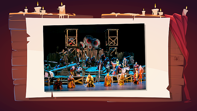 Na ilustracji widać grupę aktorów na scenie, wykonujących choreograficzny ruch. Wszyscy są ubrani w stroje w odcieniach zieleni, brązu i czerwieni, przypominające historyczne kostiumy, z długimi płaszczami lub tunikami i czerwonymi pasami. Tło sceny jest ozdobione ciemnymi elementami przypominającymi starą architekturę lub zamek, z widocznymi elementami dekoracyjnymi na ścianach.