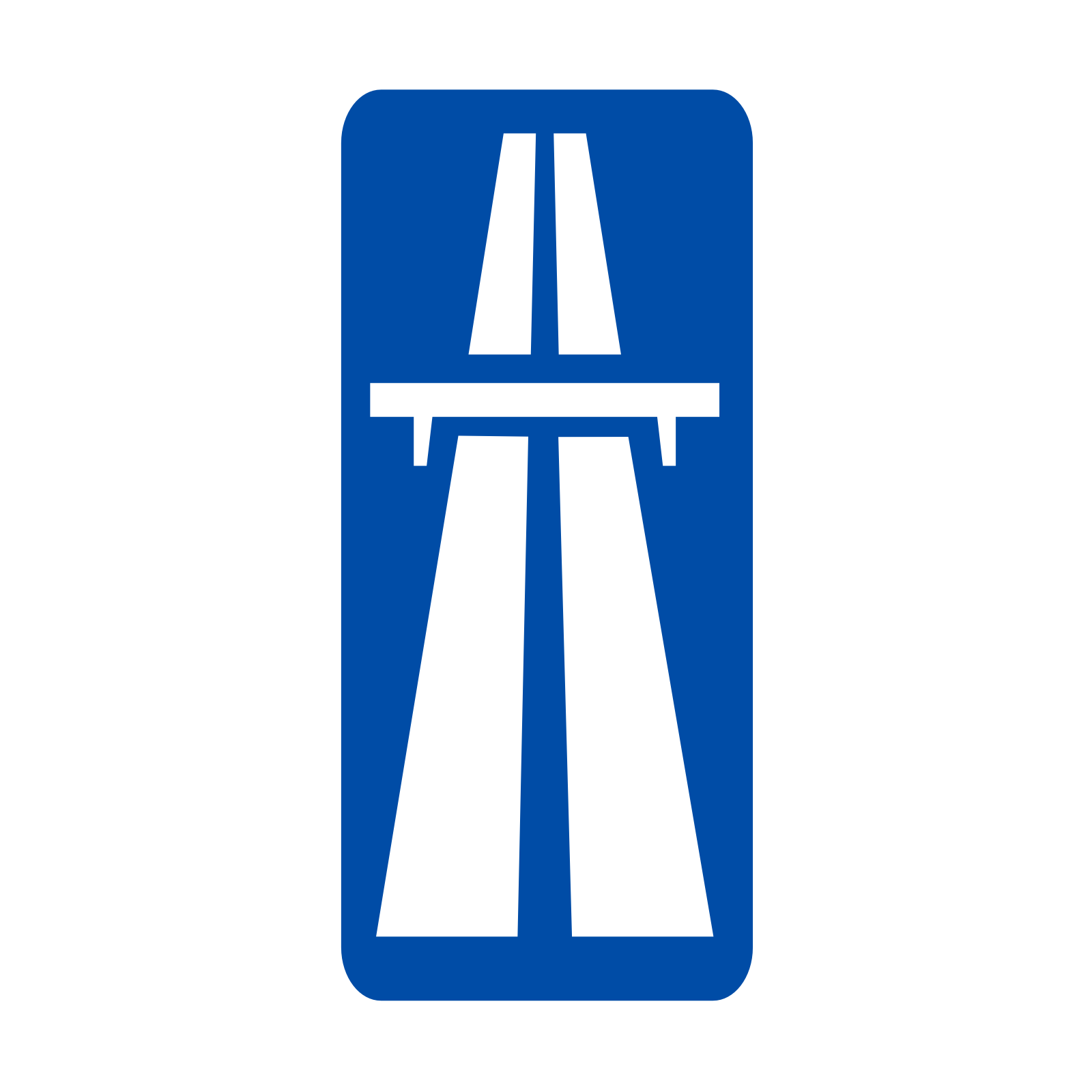 Ilustracja przedstawia znak drogowy oznaczający początek drogi ekspresowej. Znak jest prostokątny. Na znaku znajdują podłużne pasy ruchu oraz belka poprzeczna. Znak jest w innym kolorze niż ten oznaczający autostradę.