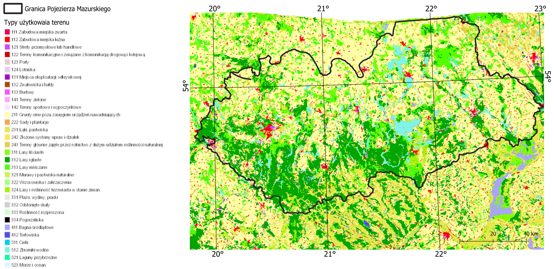 Ilustracja przedstawia mapę typów pokrycia terenów Pojezierza Mazurskiego. Na mapę została nałożona siatka kartograficzna, na której opisano wartość południków i równoleżników co jeden stopień. W prawej dolnej części grafiki znajduję się skala liniowa. Obszar pojezierza został oznaczony na mapie czarnymi granicami. Po lewej stronie grafiki została zamieszczona legenda typów użytkowania terenu, każdy teren został oznaczony poszczególnymi cyframi i szeroką gammą kolorów. 