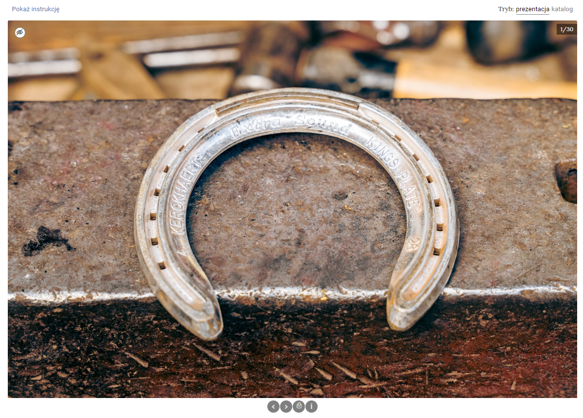 Przykładowy widok trybu prezentacji w galerii zdjęć. Ekran wypełnia zdjęcie srebrnej podkowy leżącej na metalowym kowadle. W tle znajdują się słabo widoczne narzędzia kowalskie. Pod zdjęciem znajduje się biały pasek. Na jego środku umieszczono panel sterowania galerią. To cztery szare kółka symbolizujące przewijanie w lewo, przewijanie w prawo, drukowanie i informację. W lewym górnym rogu znajduje się ikona przekreślonego oka. W prawym górnym rogu jest napis: 1/30.