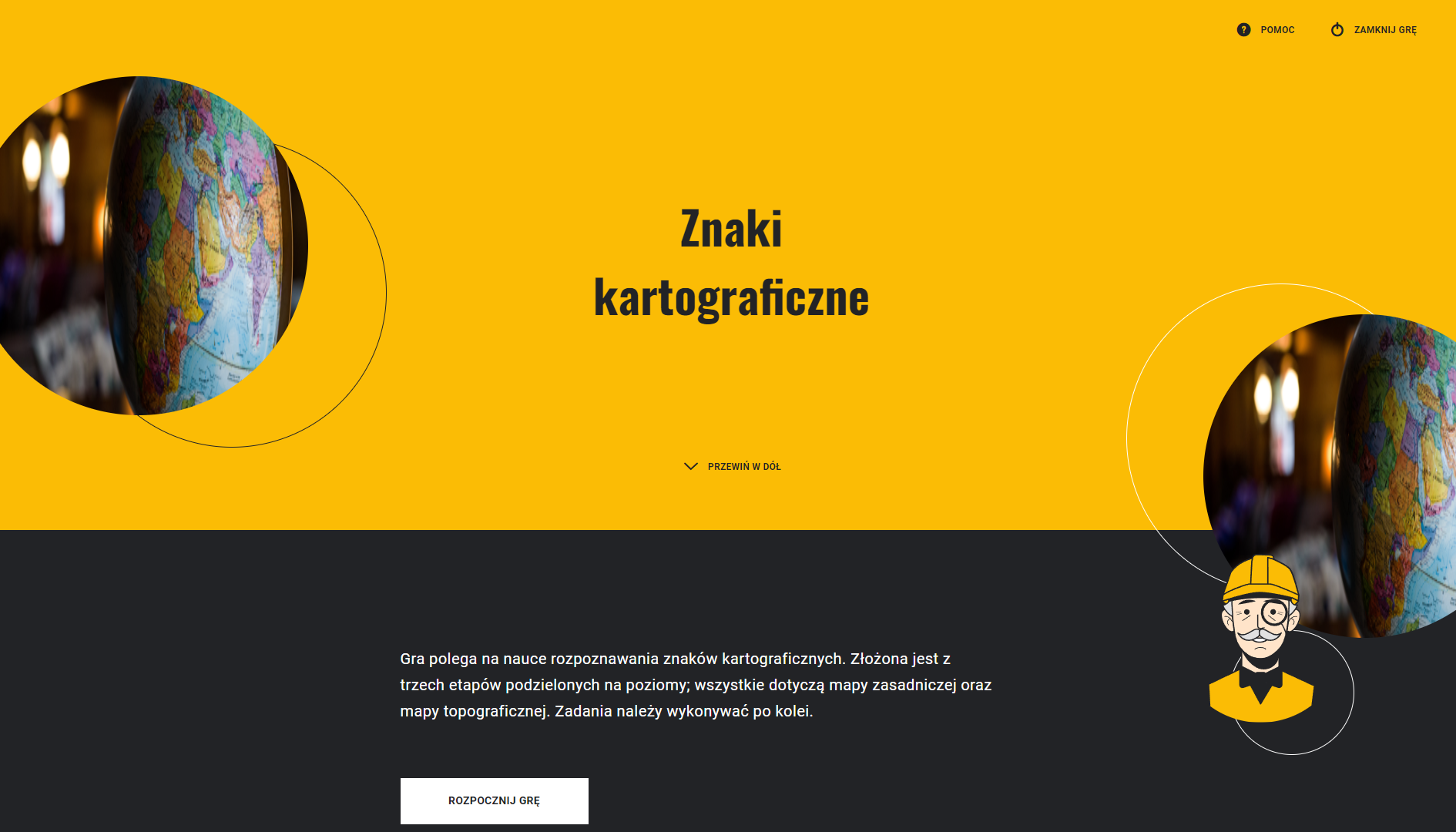 Przykładowy wygląd ekranu startowego gry przy pierwszym podejściu