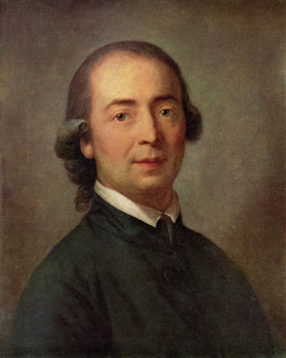Portret Johanna Gottfrieda Herdera namalowany przez Antona Graffa. Mężczyzna z wyraźnymi rysami twarzy, młody, lekko uśmiechnięty. Na głowie ma rzadkie, jasne włosy, po bokach są pokręcone. Ubrany jest w białą koszulę i ciemną kurtkę.