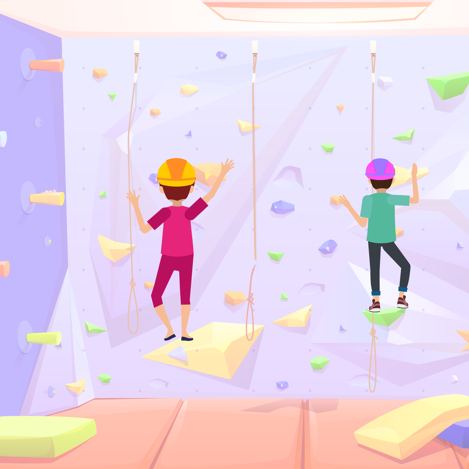 Ilustracja przedstawia dwie osoby wspinające sie po ściance do wspinaczki. 