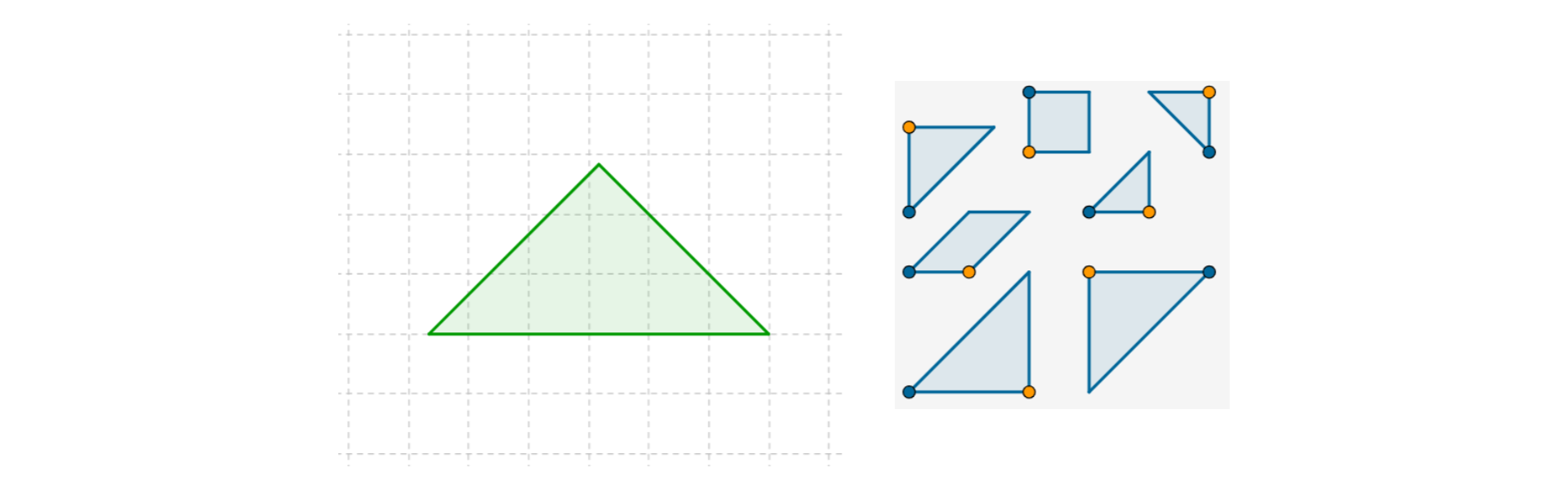 Rysunek trójkąta obok elementy, z których można ułożyć taki sam trójkąt - tangram: 2 duże trójkąty, 1 średni trójkąt, 2 małe trójkąty, kwadrat i równoległobok.
