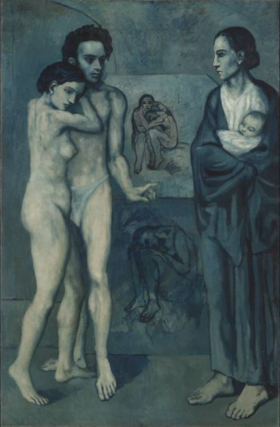 Ilustracja przedstawia obraz Pablo Picasso pt. „Życie”. Na obrazie znajdują się trzy dorosłe osoby. Jedna z kobiet obejmuje mężczyznę. Postacie są nagie. Druga z kobiet okryta jest szatą. Na rękach trzyma niemowlę. W tle znajdują się obrazy.