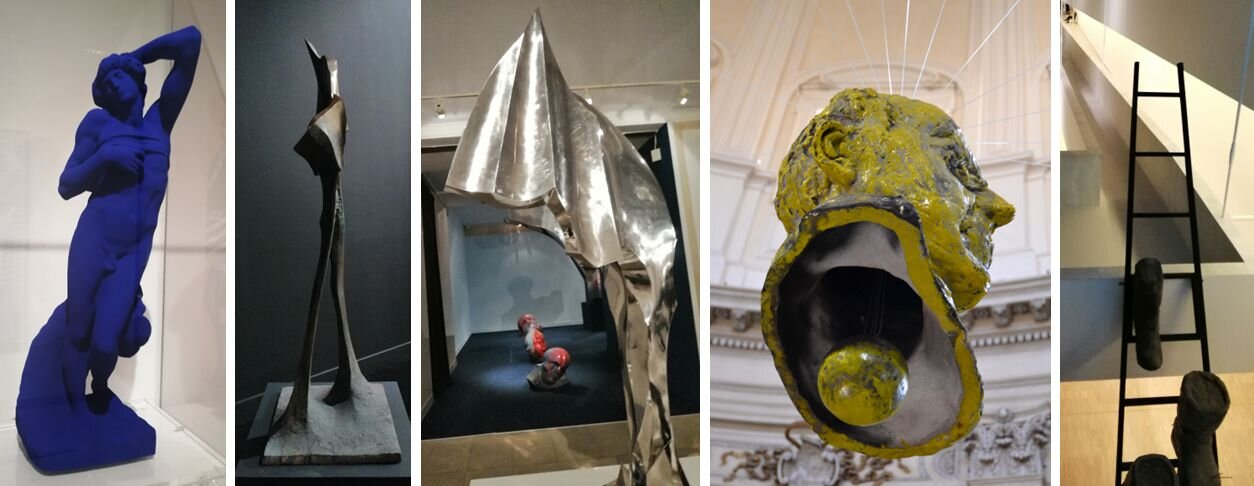 Ilustracja składa się z pięciu fotografii ułożonych pionowo w jednym rzędzie. Zdjęcia przedstawiają różne rzeźby, w różnym otoczeniu. Od lewej: obiekt z muzeum w Madrycie, dwa zdjęcia rzeźb z Teatru Wielkiego w Warszawie, rzeźba z kościoła w Madrycie, rzeźba z muzeum w Katowicach. Zestawienie rzeźb jest dobrane w taki sposób, aby ilustrowało różnorodne przykłady kształtów brył rzeźbiarskich: bryłę zwartą, nieregularną, monumentalną, ażurową, wydrążoną, rozczłonkowaną, kanciastą.