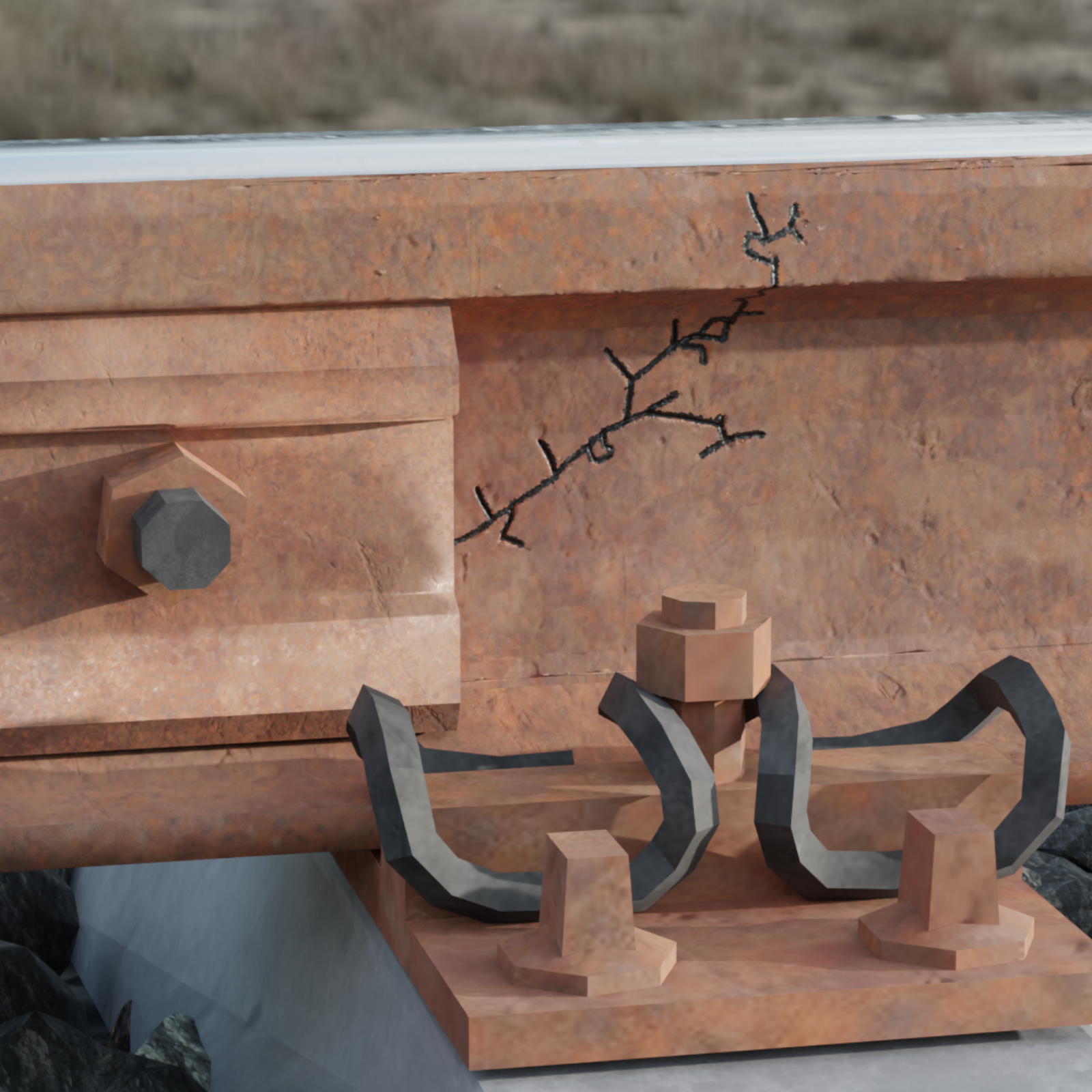 Ilustracja przedstawia szynę, na które znajduje się pękniecie. Pękniecie szyny nie znajduję się na całej powierzchni szyny oraz kształtem przypomina gałązkę drzewa.