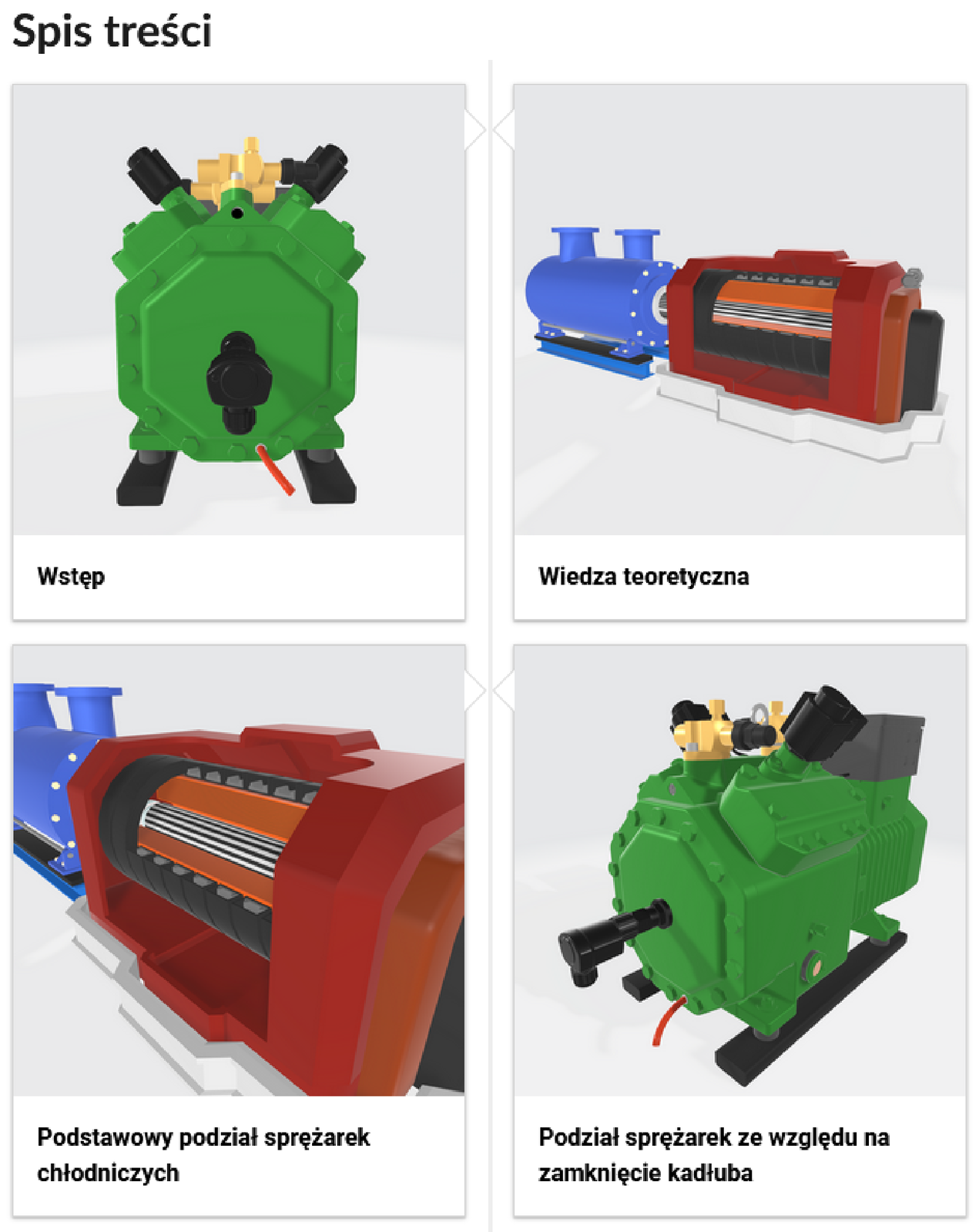 Grafika przedstawia cztery kafelki ze spisu treści. Są umiejscowione obok siebie, dwa na górze i dwa poniżej. Mają kwadratowy kształt. Wszystkie przedstawiają modele sprężarek. 
Poniżej kafelków znajdują się podpisy. Są to: wstęp, wiedza teoretyczna, podstawowy podział sprężarek chłodniczych oraz podział sprężarek ze względu na zamknięcie kadłuba.