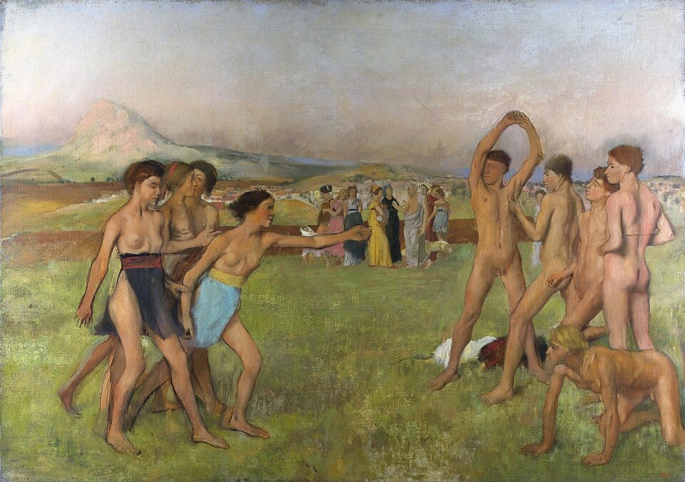 Ilustracja przedstawia scenę ćwiczeń młodych ludzi na łące, w tle scenie przygląda się grupa kobiet i mężczyzn. Nadzy chłopcy stoją naprzeciwko nagich dziewcząt (jedynie z przepasanymi biodrami), widać, że obie grupy rywalizują ze sobą. Młodzi ludzie patrzą na siebie wyzywająco i wykonują ćwiczenia gimnastyczne, wymachy rąk do góry, skłony, pompki. W tle ilustracji widać góry i miasto u ich podnóża. Przez chmury prześwituje niebieskie niebo.