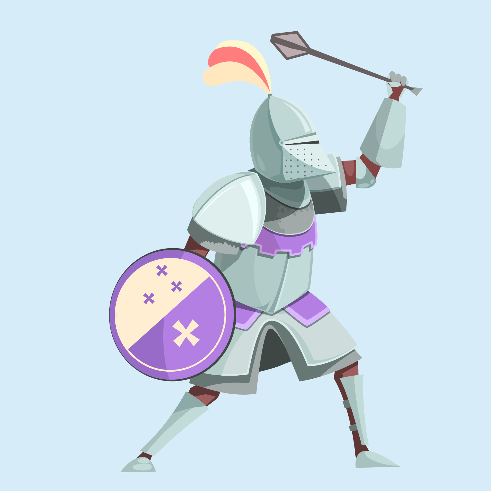 Ilustracja przedstawia rycerza ubranego w zbroję, który trzyma w prawej dłoni tarczę a w lewej buławę. 