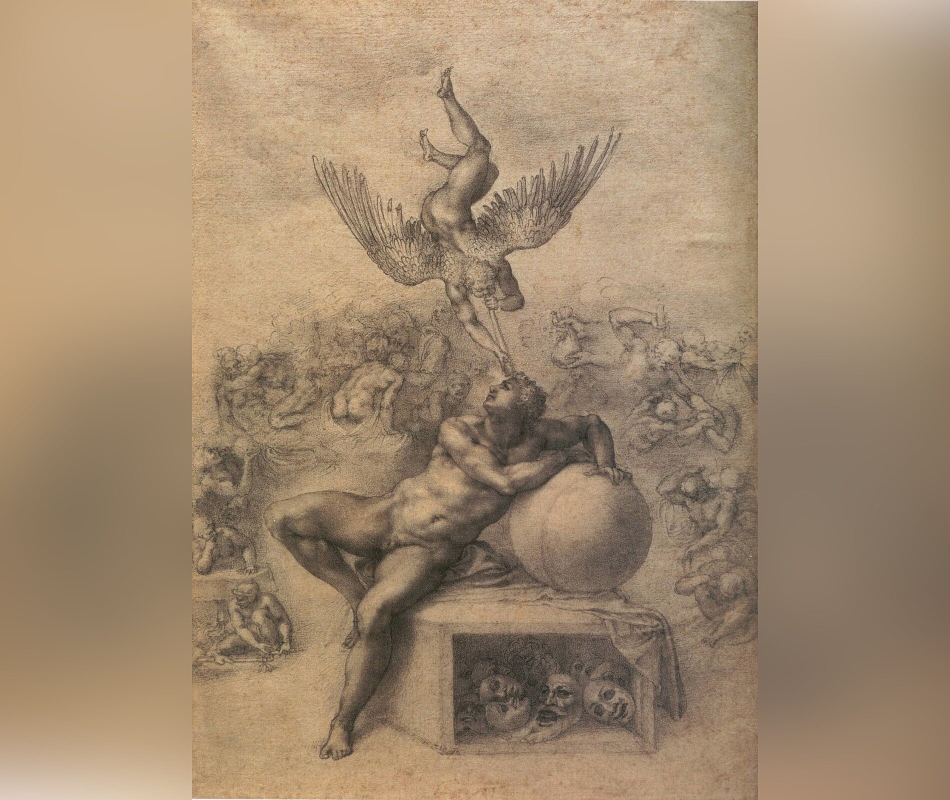 Rycina przedstawia nagiego mężczyznę siedzącego na ławce i wspierającego się na dużej kuli. Pod ławą widać ludzkie głowy. Na drugim planie liczne nagie, postacie ludzkie. Nad mężczyzną fruwa anioł trąbiący w trąbę wprost do ucha mężczyzny.