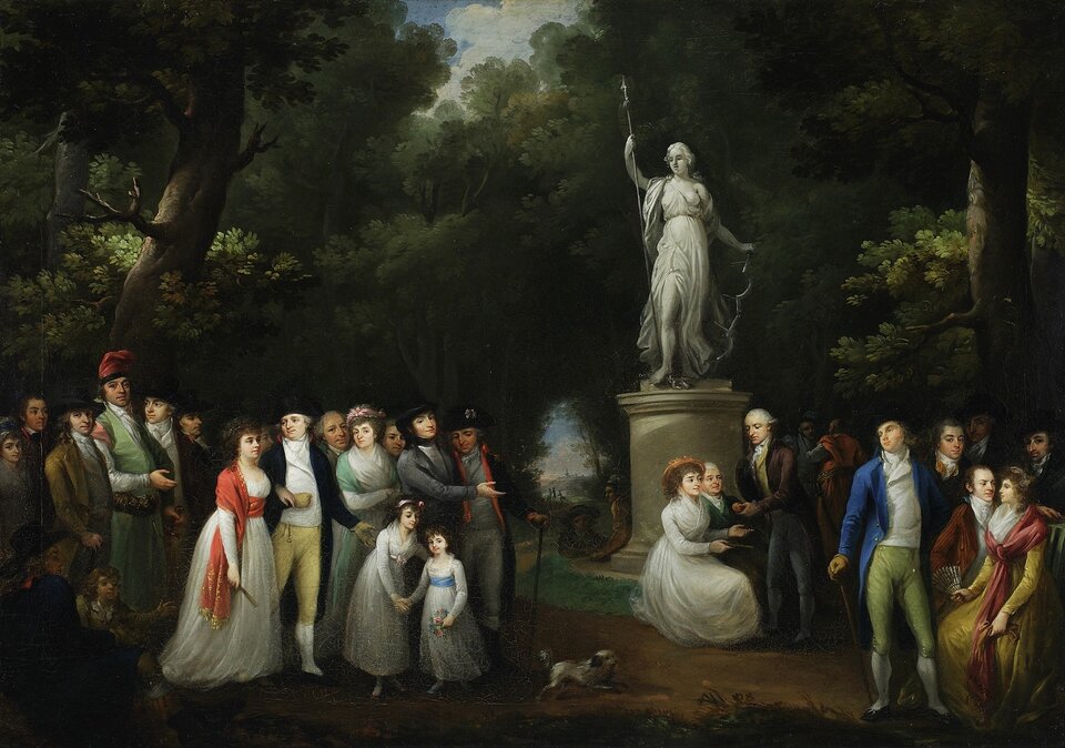 Obraz przedstawia scenę rodzajową w parku. Wśród drzew, przy posągu kobiety stojącym na cokole zgromadzeni są wytwornie ubrani, zgodnie z osiemnastowieczną modą, kobiety i mężczyźni oraz dzieci. Zgromadzeni ludzie przechadzają się po ścieżce, rozmawiają ze sobą.