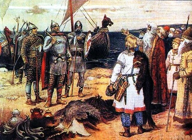 Ilustracja przedstawia zbrojnych mężczyzn, którzy witani są przez mieszkańców. Po lewej stronie obrazu widzimy trzech mężczyzn ubranych w kolczugi i hełmy, z toporami i tarczami. Pozostali żołnierze wysiadają z przycumowanej do brzegu łodzi, z wysokim dziobem w kształcie głowy wilka. Po prawej stronie starszyzna wraz z pozostałymi mieszkańcami wsi wita przybyłych z otwartymi rękami. Przed nimi, na ziemi, leżą przygotowane dla żołnierzy dary: skóry, rogi oraz jedzenie i picie. 